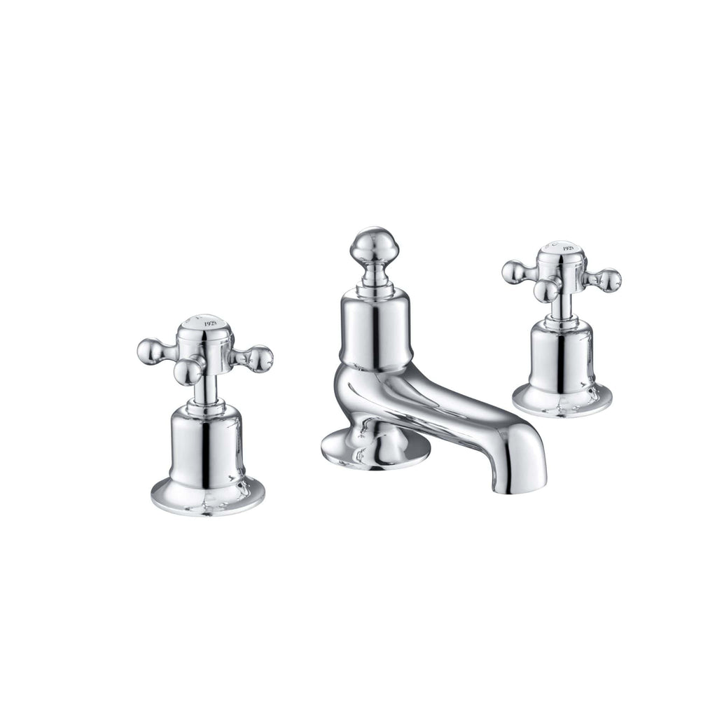 Polished chrome bathroom tap with two cross-handle control knobs and a curved spout, part of Bubly Bathrooms' classic plumbing fixtures collection.