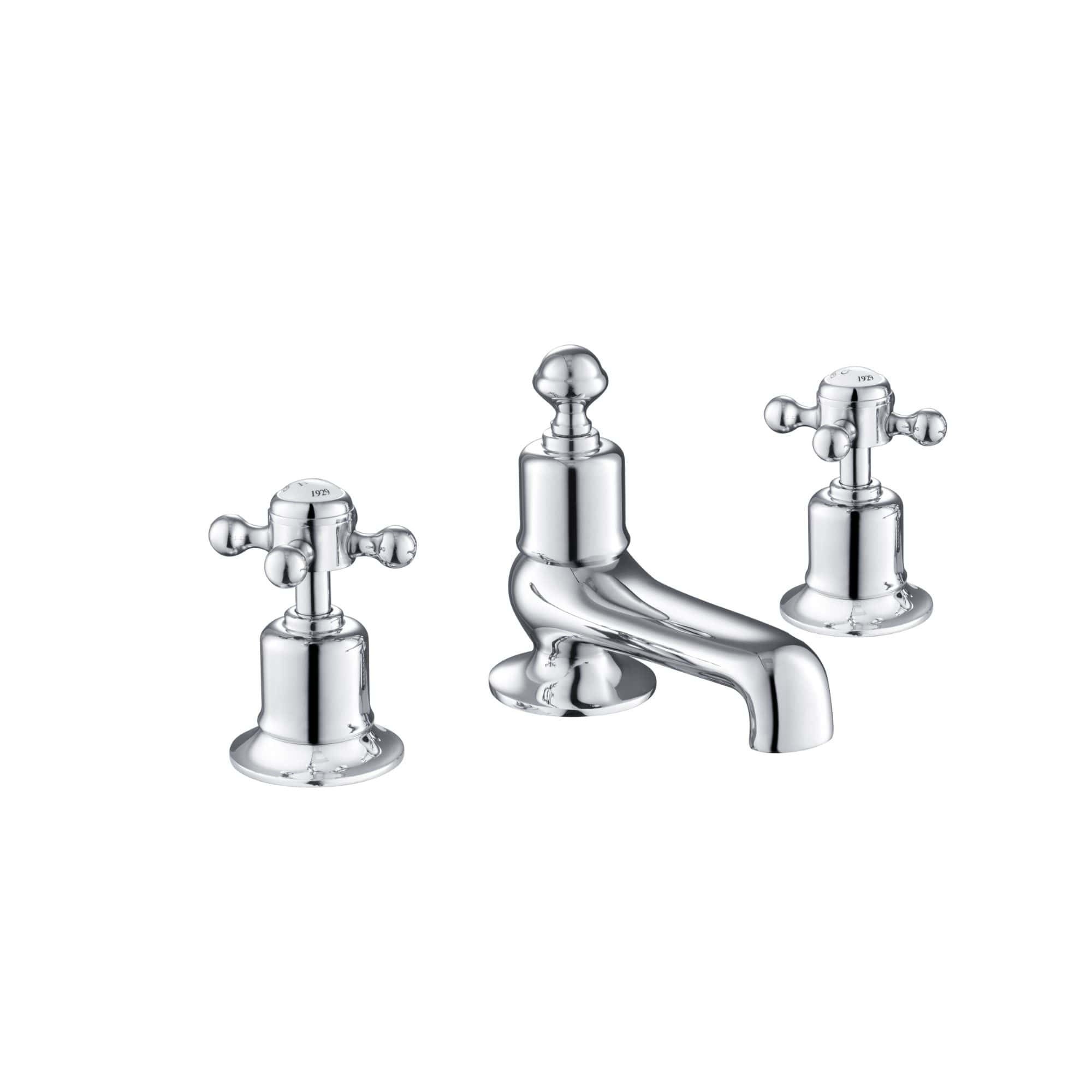 Polished chrome bathroom tap with two cross-handle control knobs and a curved spout, part of Bubly Bathrooms' classic plumbing fixtures collection.