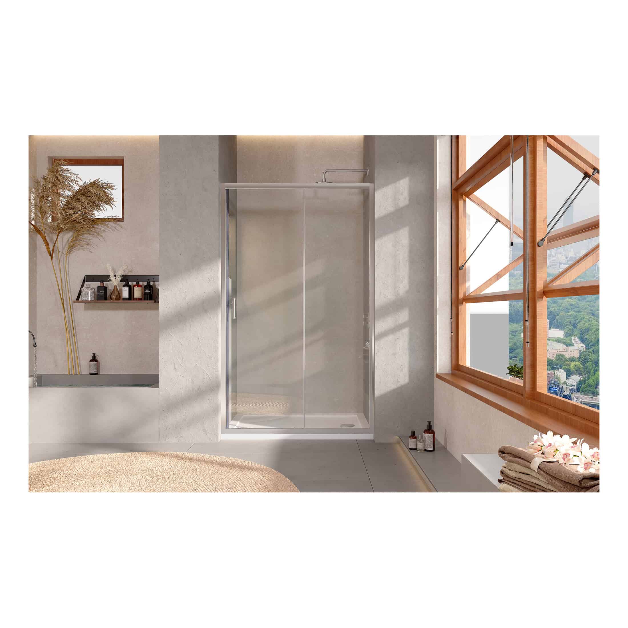 Bright modern bathroom featuring a sleek glass shower enclosure, minimalist decor with natural elements, and large windows offering scenic views, perfect for a stylish and relaxing bathroom space.