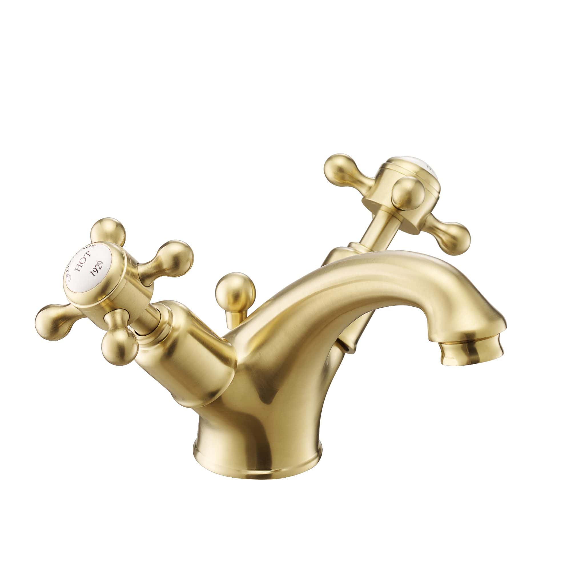 Polished gold bathroom sink tap with cross handles, vintage style, suitable for classic bathroom decor. High-quality brass finish, perfect for elegant and luxury bathroom fixtures.