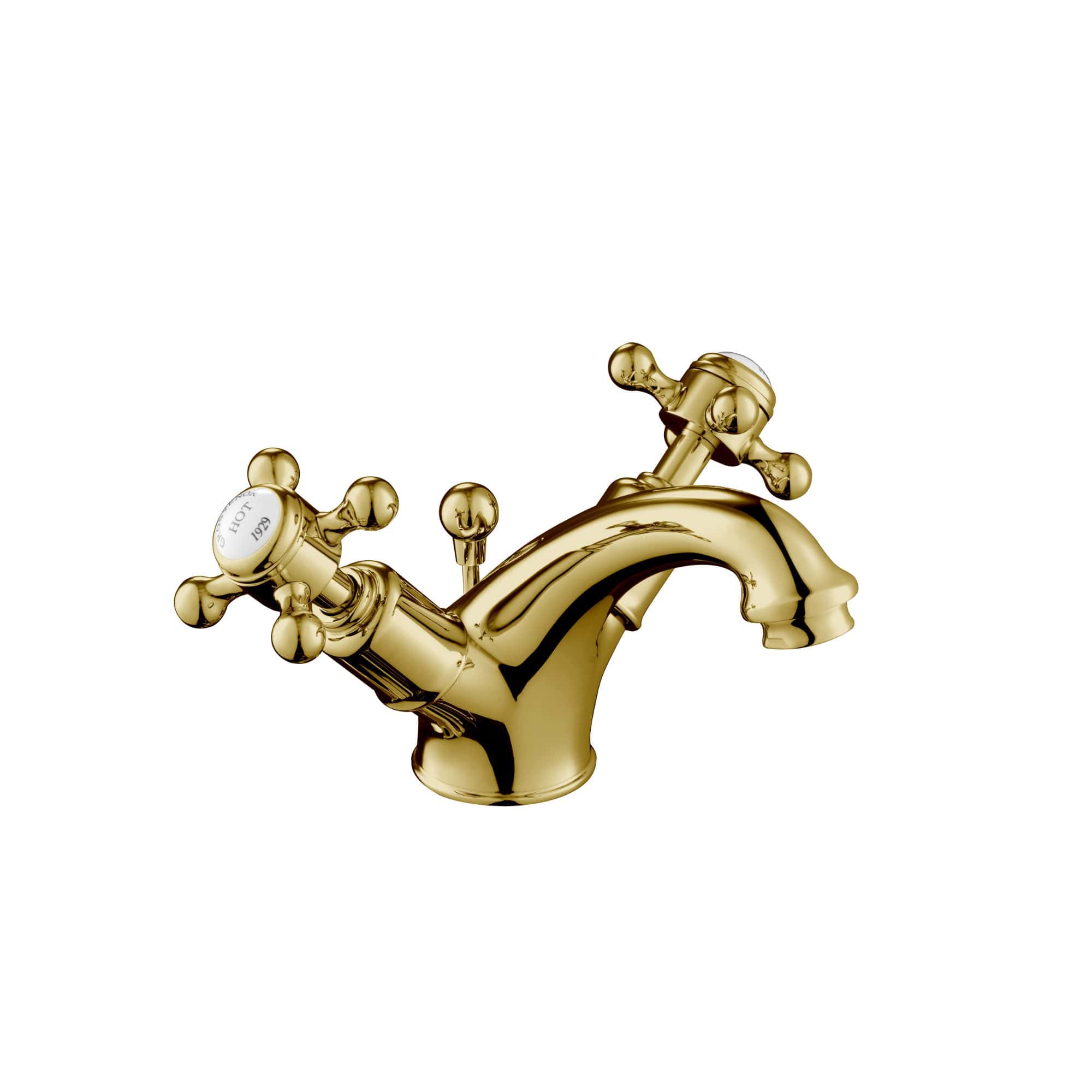 Shiny gold vintage bathroom mixer tap with cross handles, traditional design for classic bathroom decor.