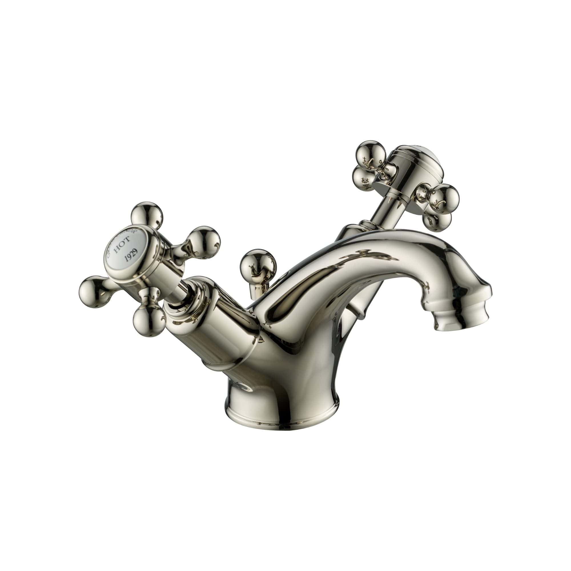 Shiny chrome bathroom mixer tap with dual cross handles for hot and cold water, modern design, high-quality finish, suitable for elegant bathroom renovation projects.