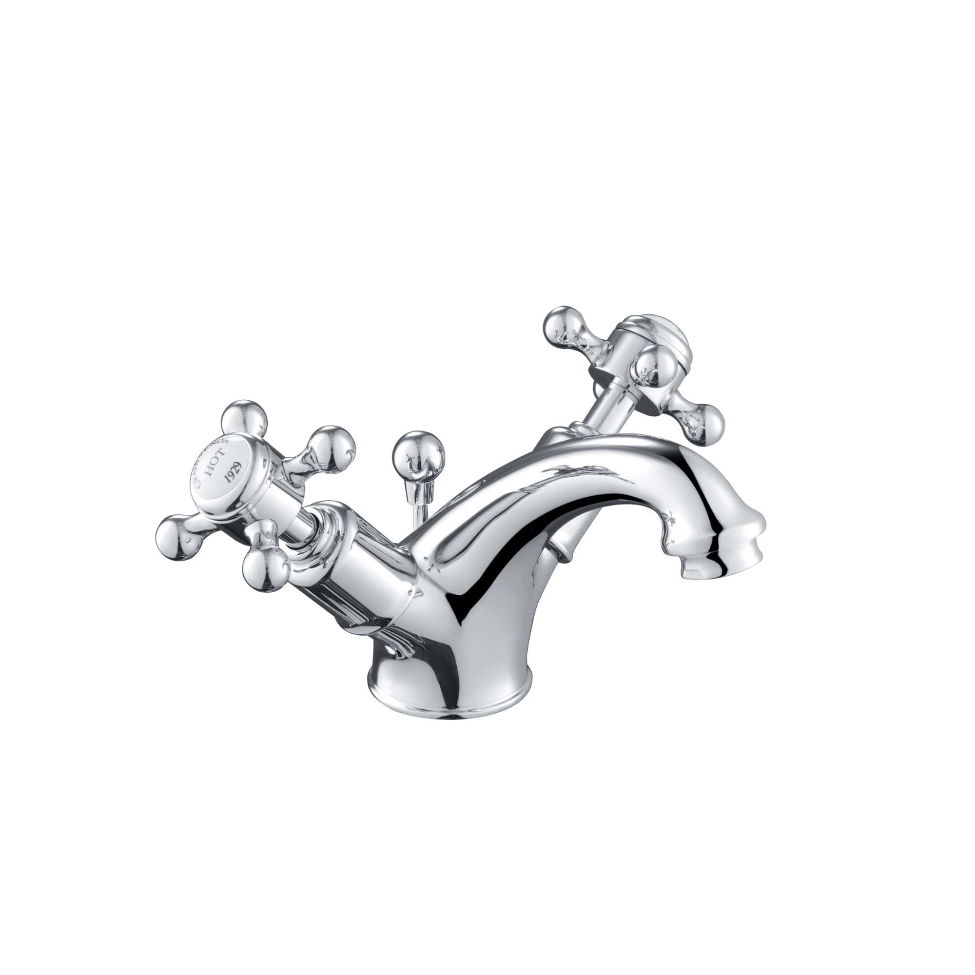 Polished chrome bathroom sink tap with traditional cross handles, vintage style design for classic bathroom decor.
