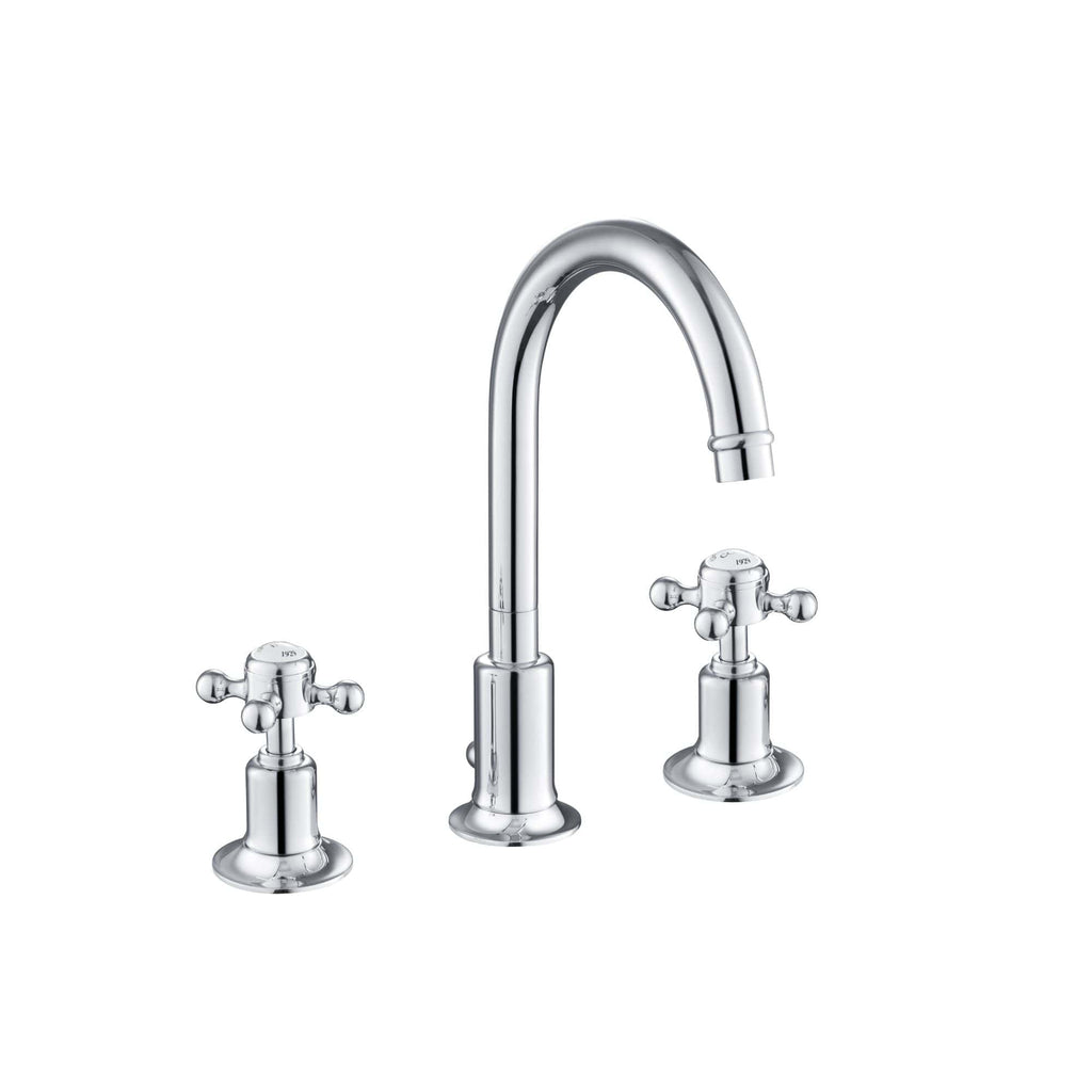 Polished chrome bathroom tap with twin cross handles, modern and elegant design for kitchen or bathroom sinks. High-quality fixtures for a stylish and functional water setup.