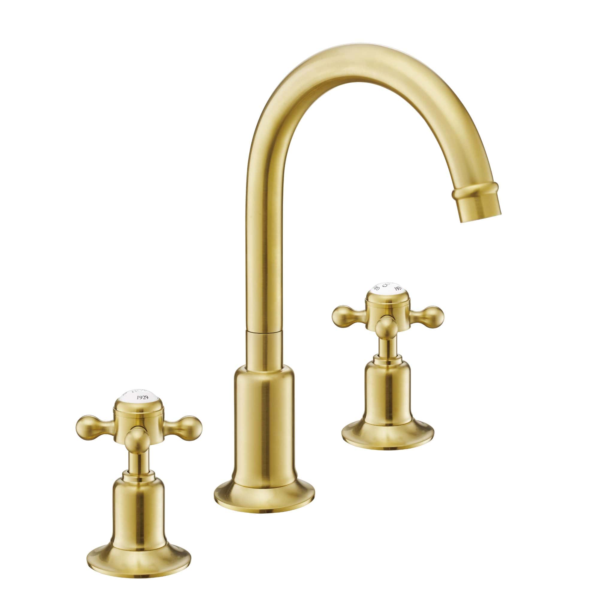 Brass finish bathroom tap set with a high-arc spout and cross handles, ideal for vintage and traditional bathroom designs. Quality plumbing fixtures available at Bubly Bathrooms UK.