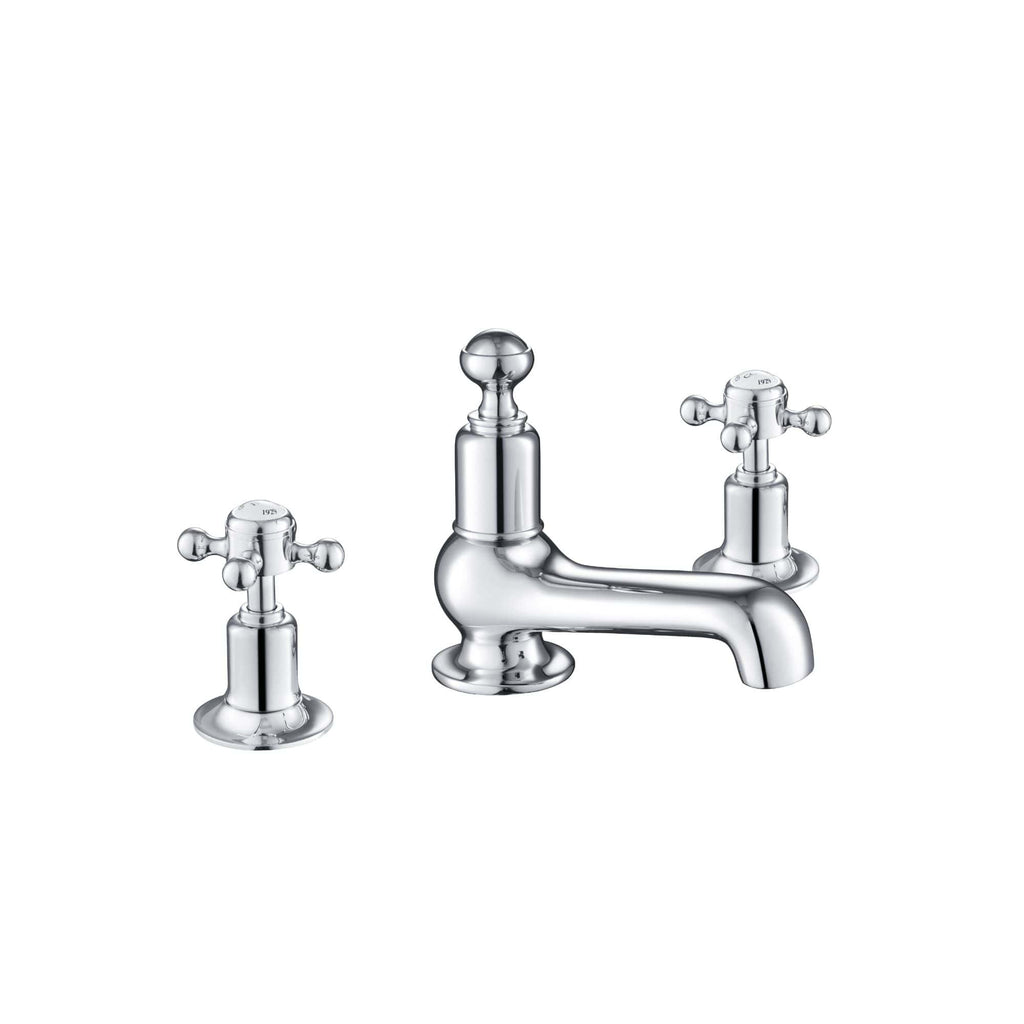 Polished chrome bathroom mixer tap with dual cross handles, classic design, suitable for traditional bathroom settings.
