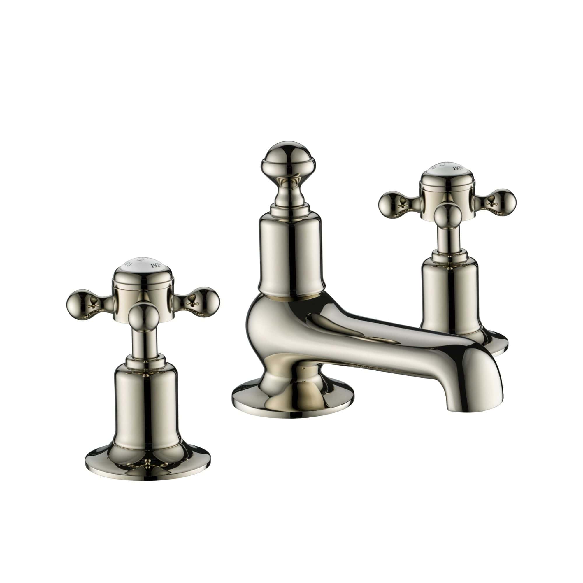 Polished chrome bathroom tap set with two cross handle valves, vintage style, suitable for classic and traditional bathroom sinks and baths. Elegant fixtures for stylish bathroom design.