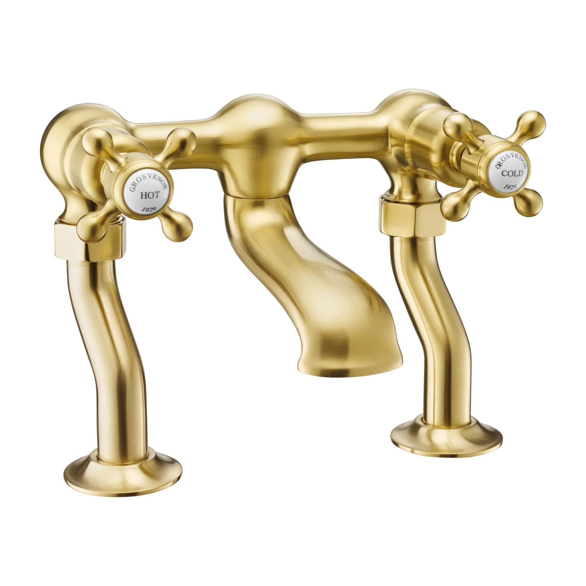 Elegant gold bathroom tap with vintage-inspired cross handles, suitable for luxurious and classic bathroom designs. Perfect for Bubly Bathrooms’ premium fixtures collection.