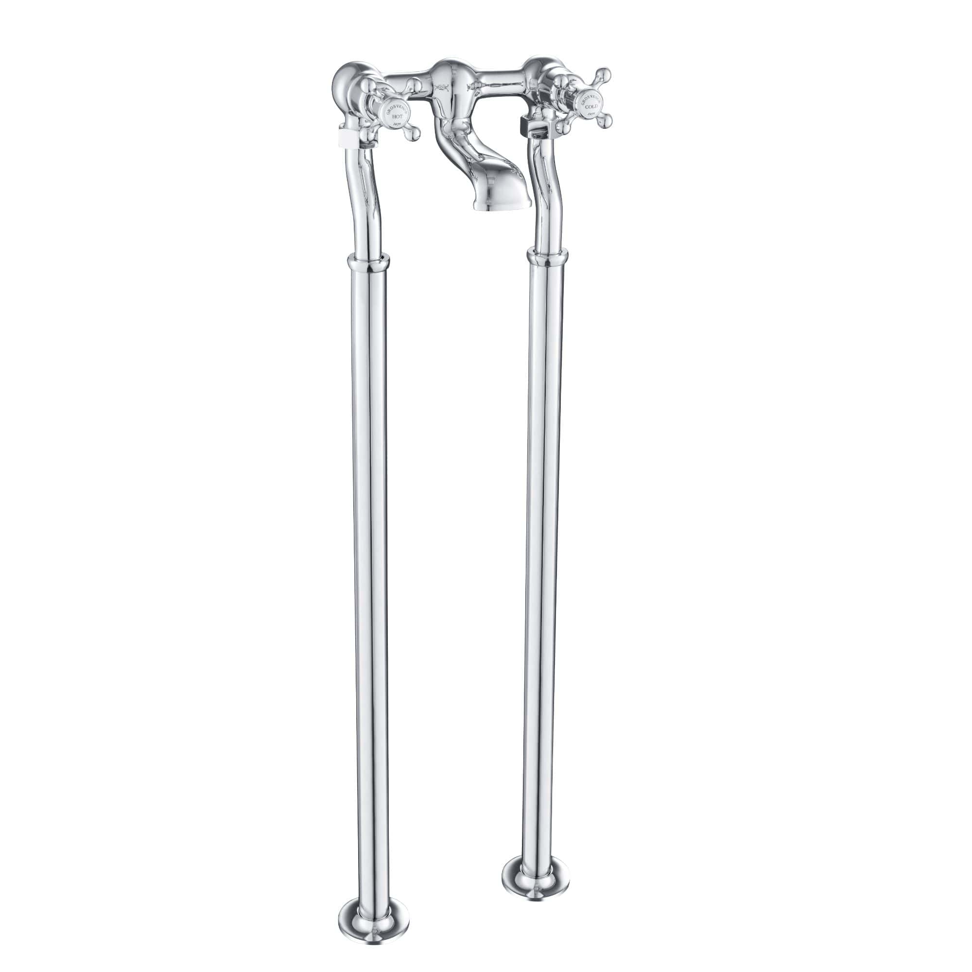 Polished chrome vintage-style bathroom tap with twin taps for hot and cold water, designed for traditional bathroom aesthetics. Suitable for baths or sinks.