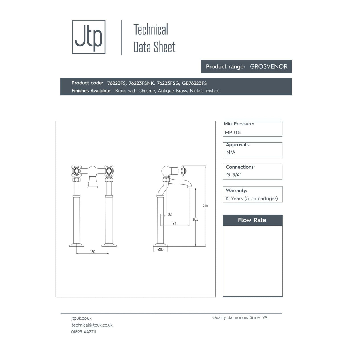 GROSVENOR bathroom tap technical data sheet with dimensions and connection details for high-quality bathroom plumbing fixtures.