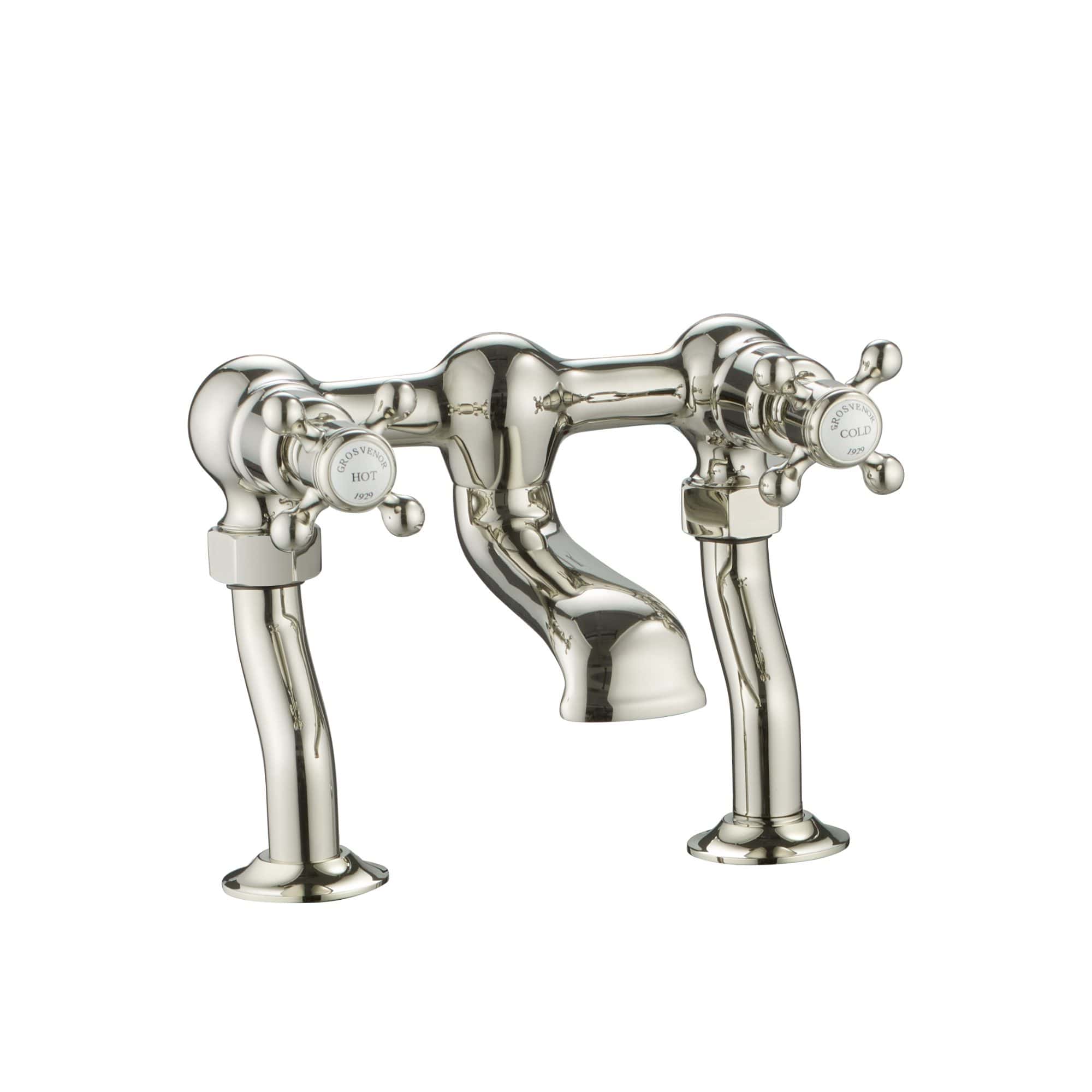 Polished chrome vintage-style bathroom sink tap with dual handles for hot and cold water, featuring a traditional cross design, perfect for classic bathroom interiors.