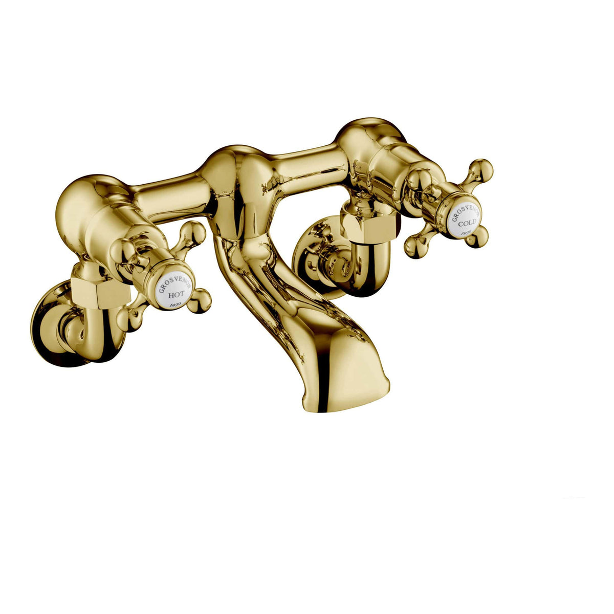 Polished gold vintage-style bath tap with dual cross handles for hot and cold water, ideal for elegant bathroom environments. Durable brass construction with traditional design.