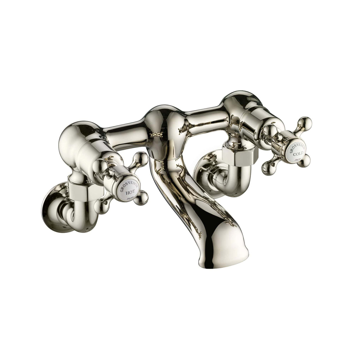 Brass bathroom mixer tap with vintage design, showcasing polished chrome finish, hot and cold water handles, ideal for stylish bathroom installations.