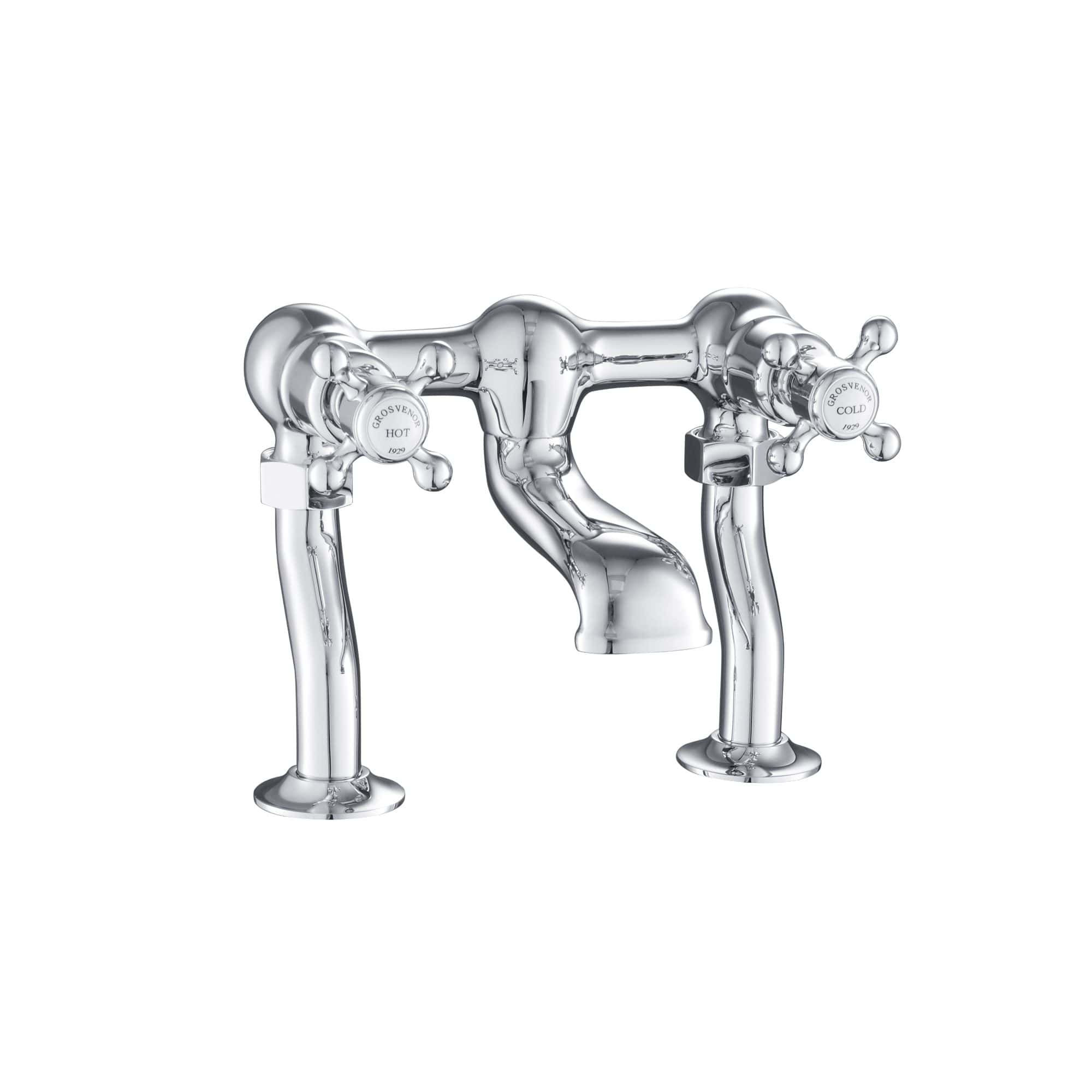 Polished chrome vintage double handle bathroom hot and cold mixer tap with traditional design for classic bathroom decor.