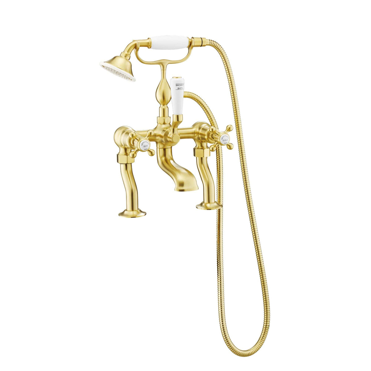 Shiny gold vintage bathtub mixer tap with handheld shower attachment, featuring traditional design, cross handles for hot and cold water, ideal for luxurious bathroom upgrades.