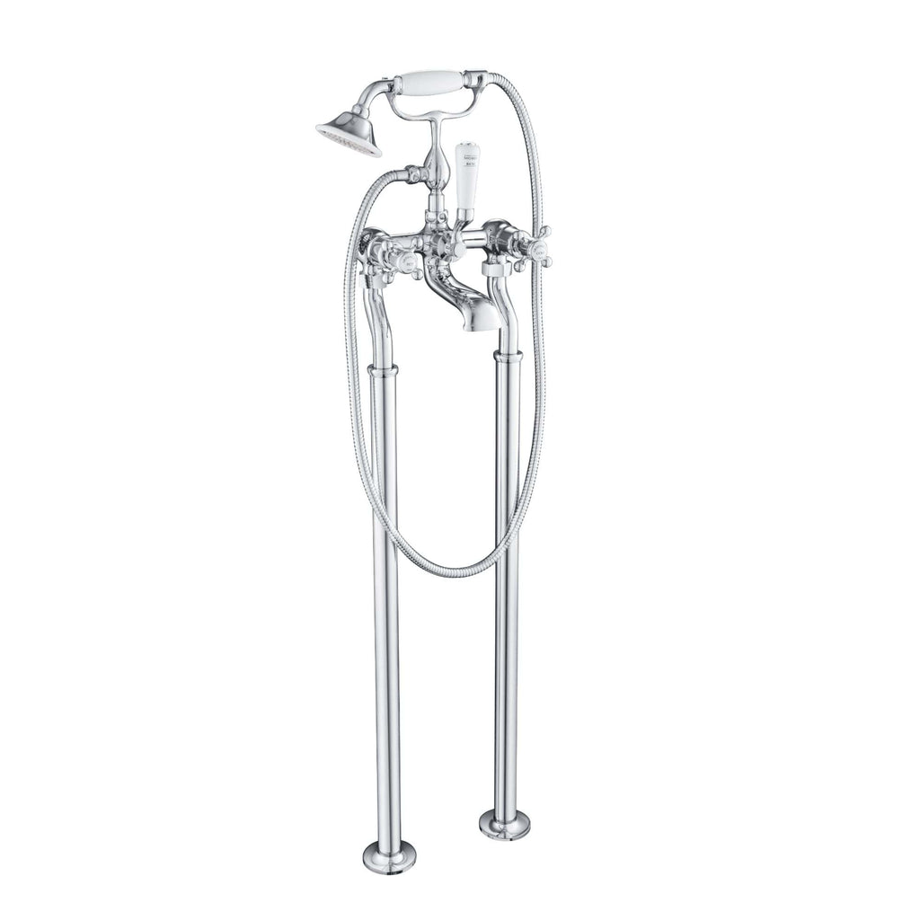 Shower mixer tap with handheld showerhead, vintage chrome finish, wall-mounted bathroom fixture for bath and shower, elegant plumbing design, perfect for modern bathroom renovation.