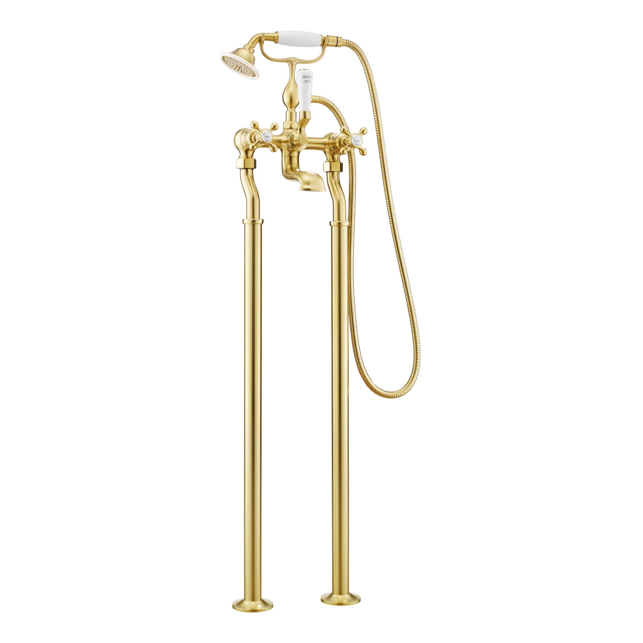 Brass freestanding bathtub tap and shower mixer set with vintage design, suitable for luxury bathrooms and modern plumbing installations.
