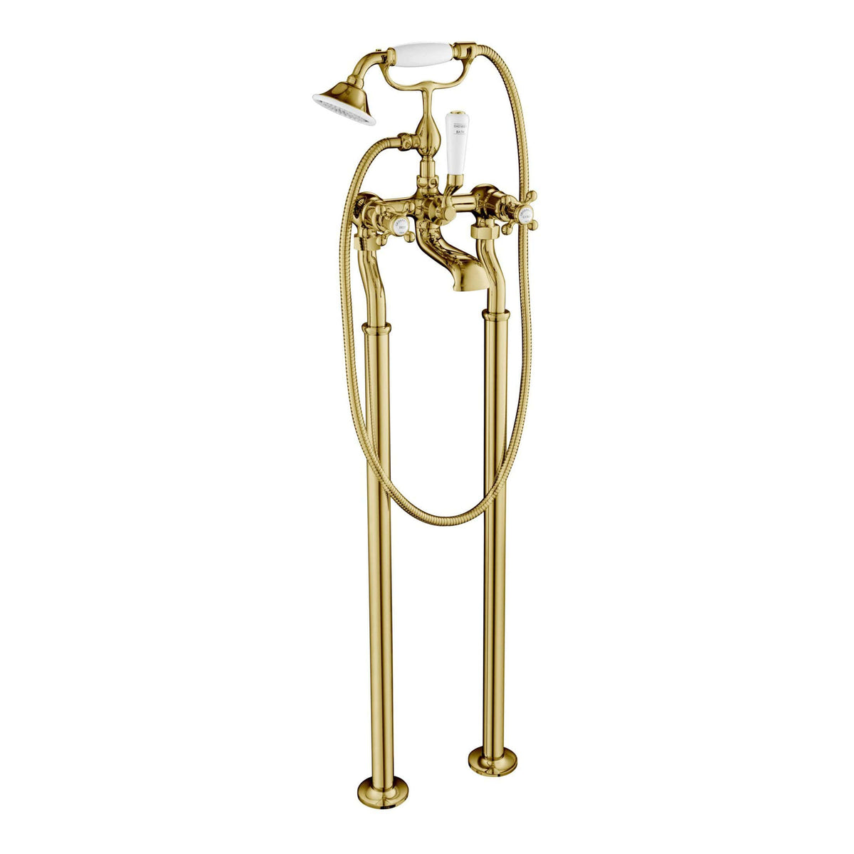 Luxurious gold vintage-style bathtub mixer tap with hand shower, ideal for elegant bathroom designs and high-end renovations. Perfect for adding a touch of sophistication to your bathroom.