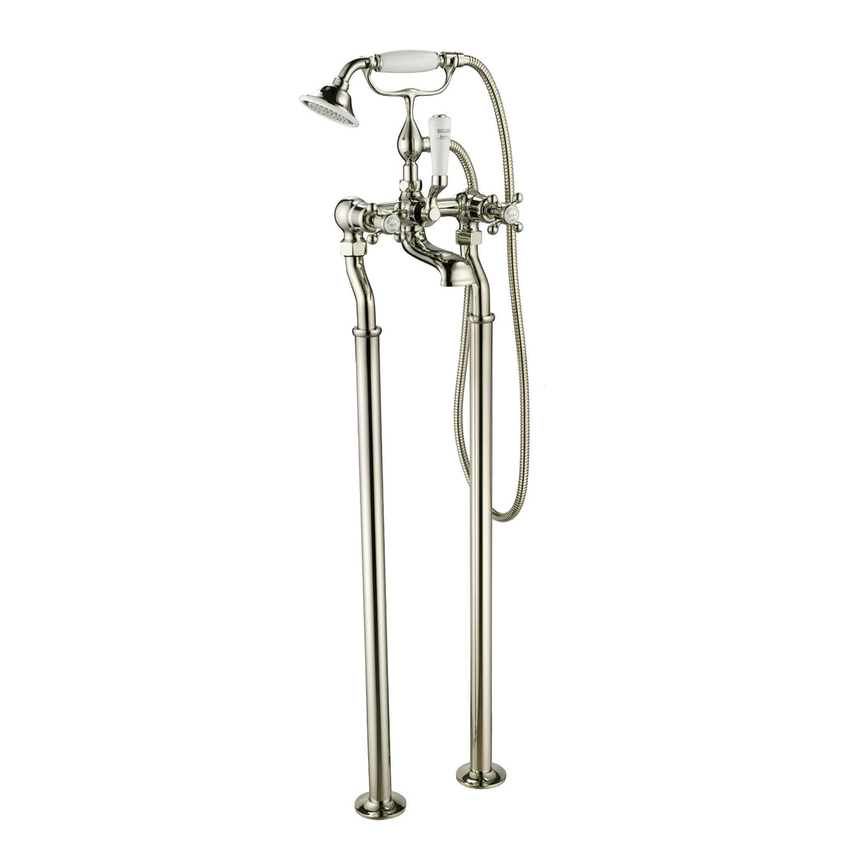 Polished brass vintage-style bathtub filler with handheld shower head, high-quality bathroom fixture designed for elegant and functional bathroom renovation.