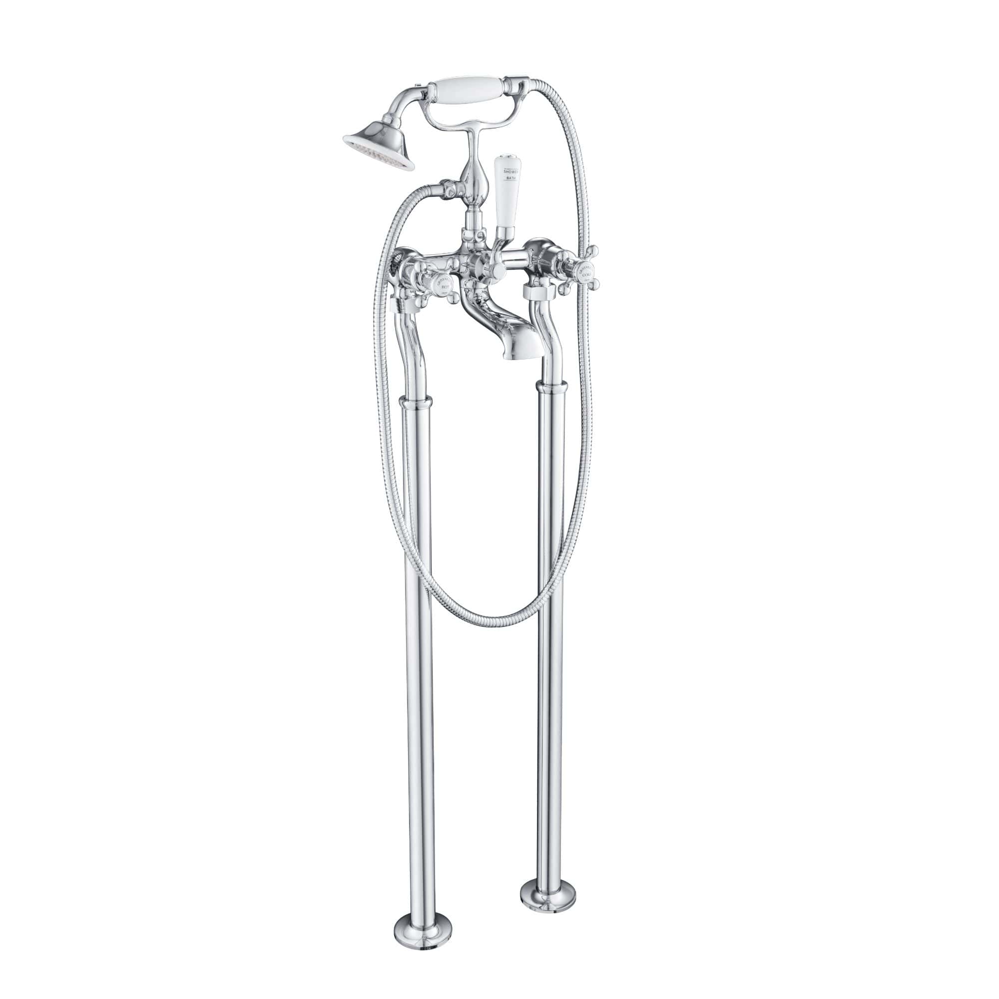 Shower mixer tap with handheld showerhead, vintage chrome finish, wall-mounted bathroom fixture for bath and shower, elegant plumbing design, perfect for modern bathroom renovation.