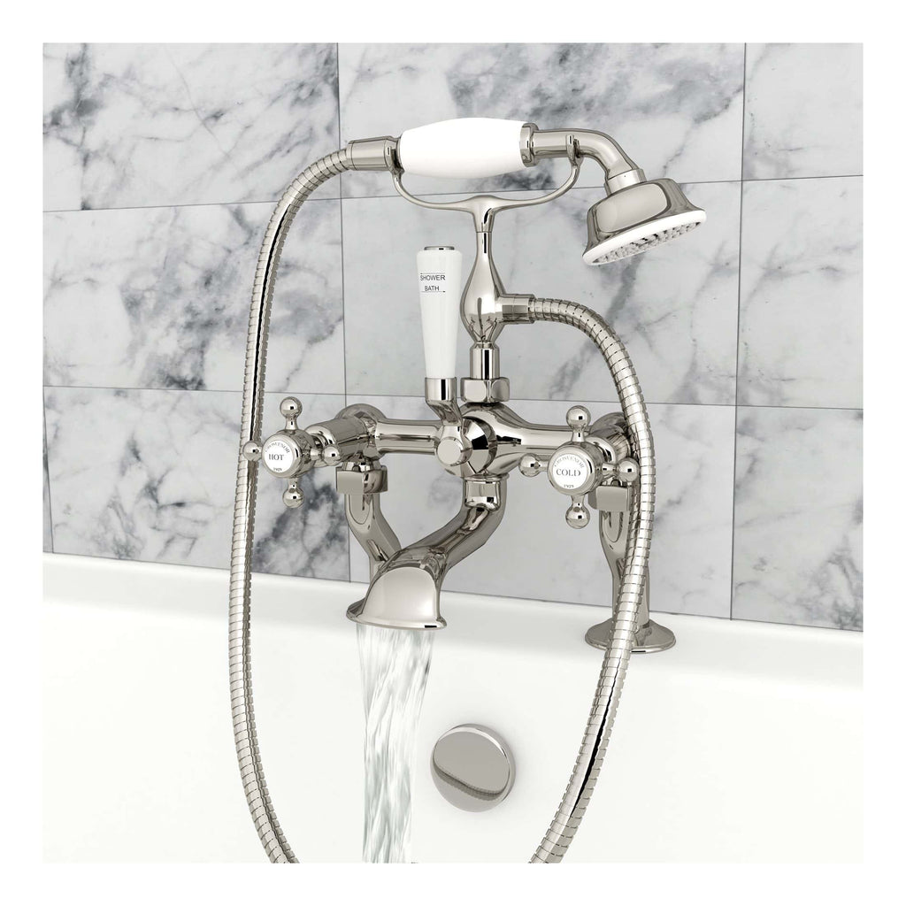 Polished chrome vintage bathtub emergency bath shower mixer tap with handheld shower head and flexible hose, ideal for classic bathroom designs.