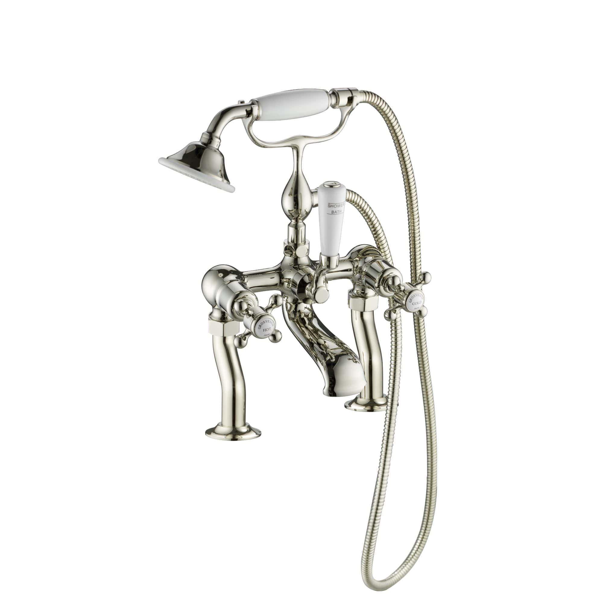 Vintage-style chrome bath shower mixer tap with handheld shower head and flexible hose, suitable for luxurious bathroom renovations and classic bath fixtures.