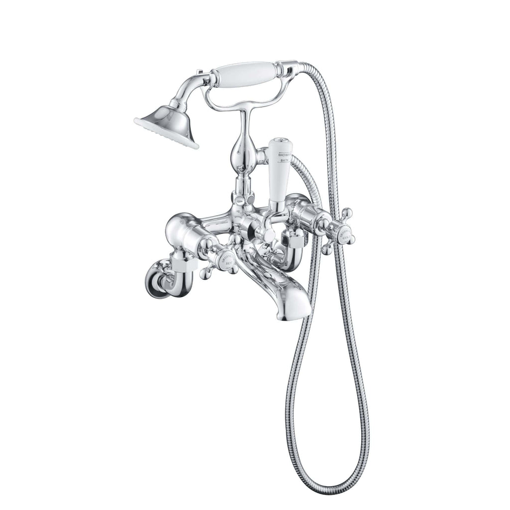 Polished chrome vintage-style bathtub and shower mixer tap with handheld showerhead, flexible hose, and classic design elements, ideal for luxury bathroom renovations.