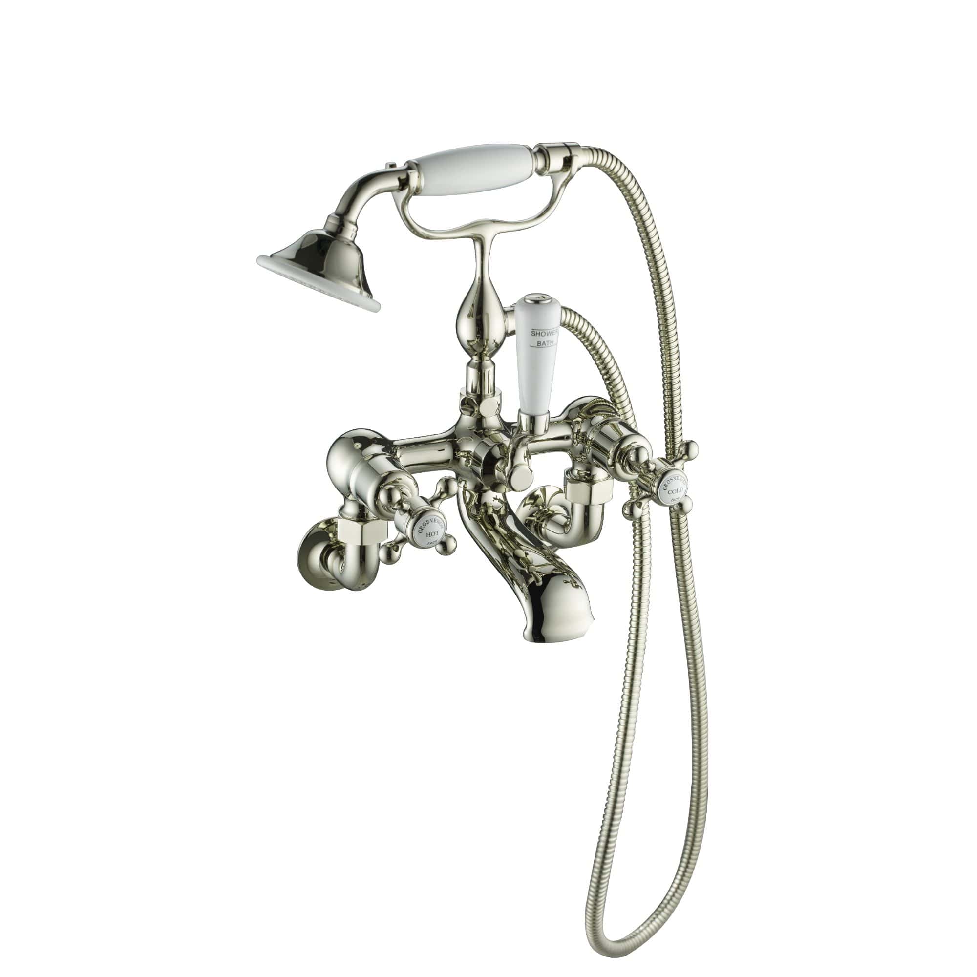 Antique-style chrome bathroom bath shower mixer tap with handheld showerhead and flexible hose, ideal for vintage or modern bathroom decor. Fits European plumbing systems.