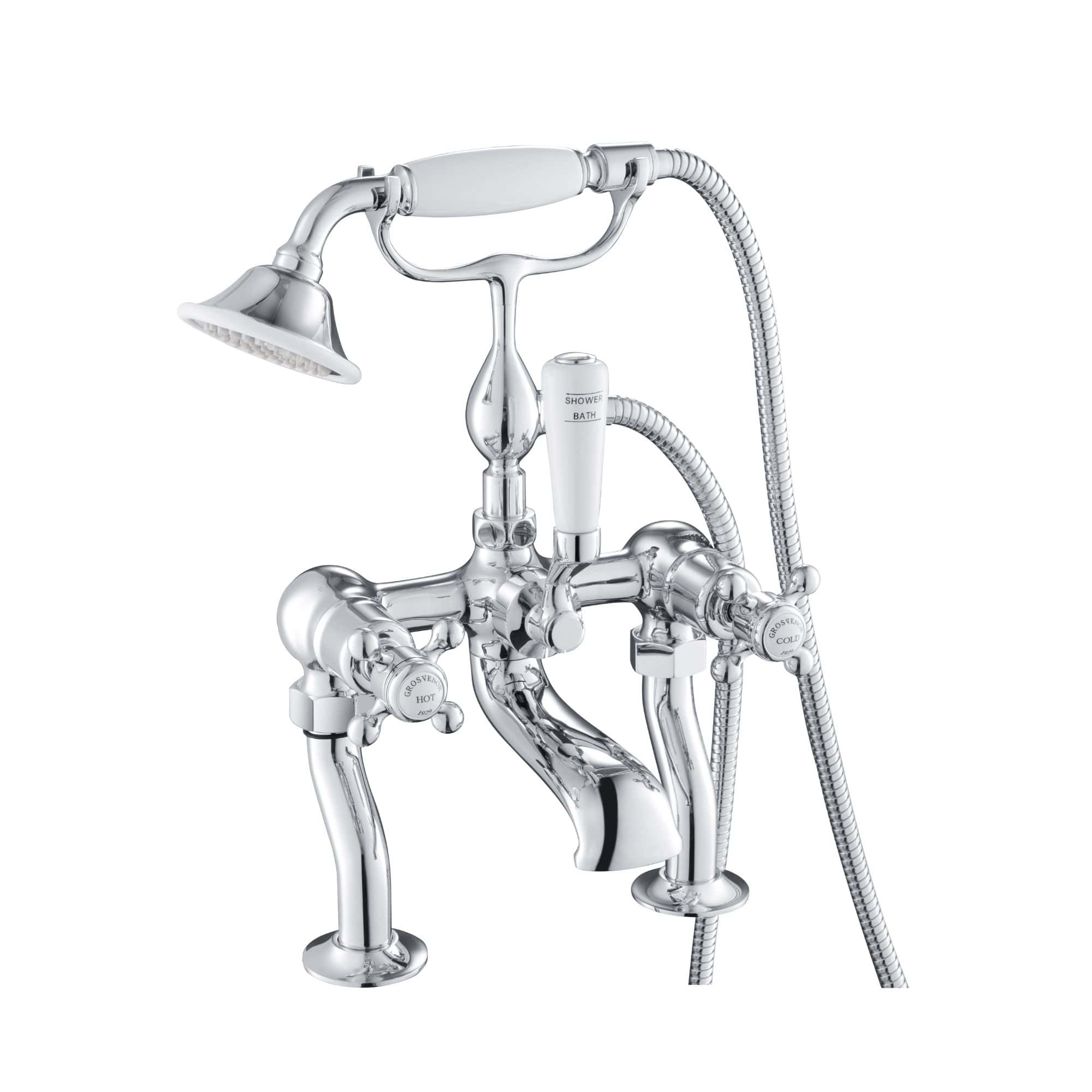 Shiny chrome vintage-style bath shower mixer tap with handheld shower head and flexible hose for luxury bathroom fittings. Perfect for classic or traditional bathrooms.