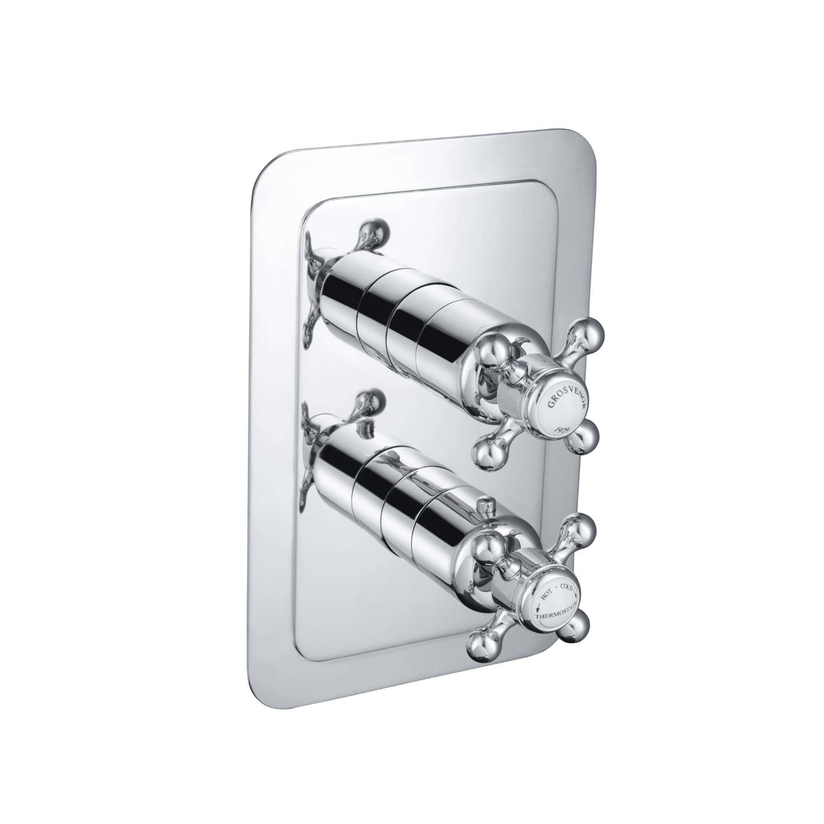 Shiny chrome bathroom diverter valve with dual handles on a mirror polished rectangular backplate. Classic and elegant design for high-quality bathroom fixtures and fittings.