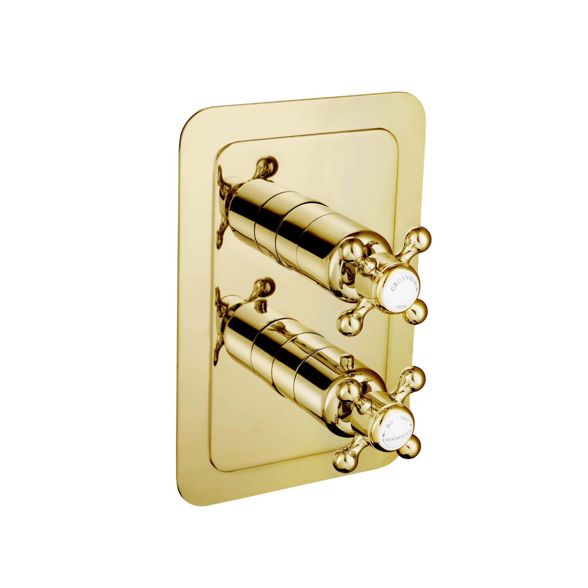 Polished gold dual shower temperature control valve with classic cross handles, modern bathroom fixture, luxurious design, Bubly Bathrooms inspiration.