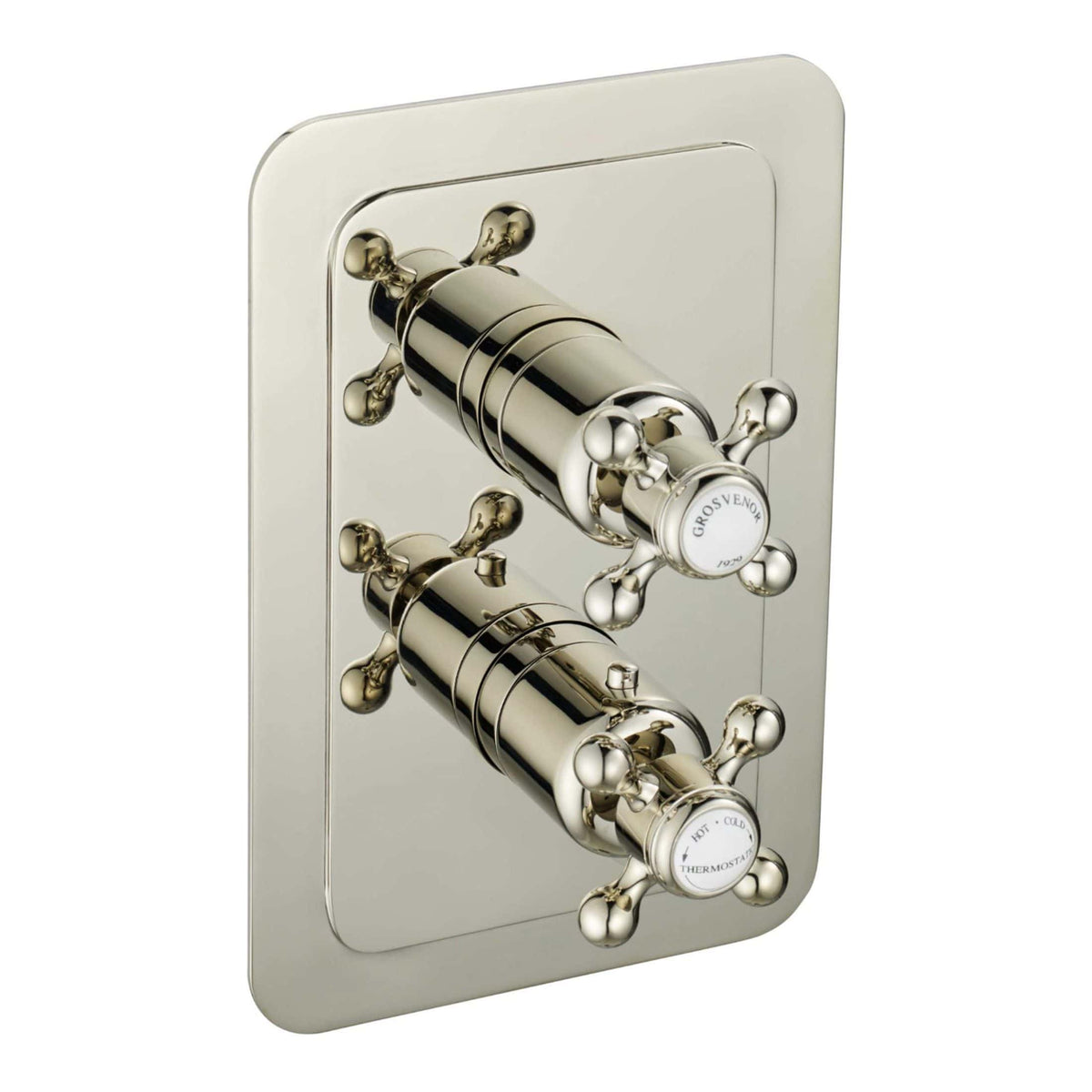 Polished chrome dual control thermostatic shower valve with vintage cross handles for luxurious bathroom installation.