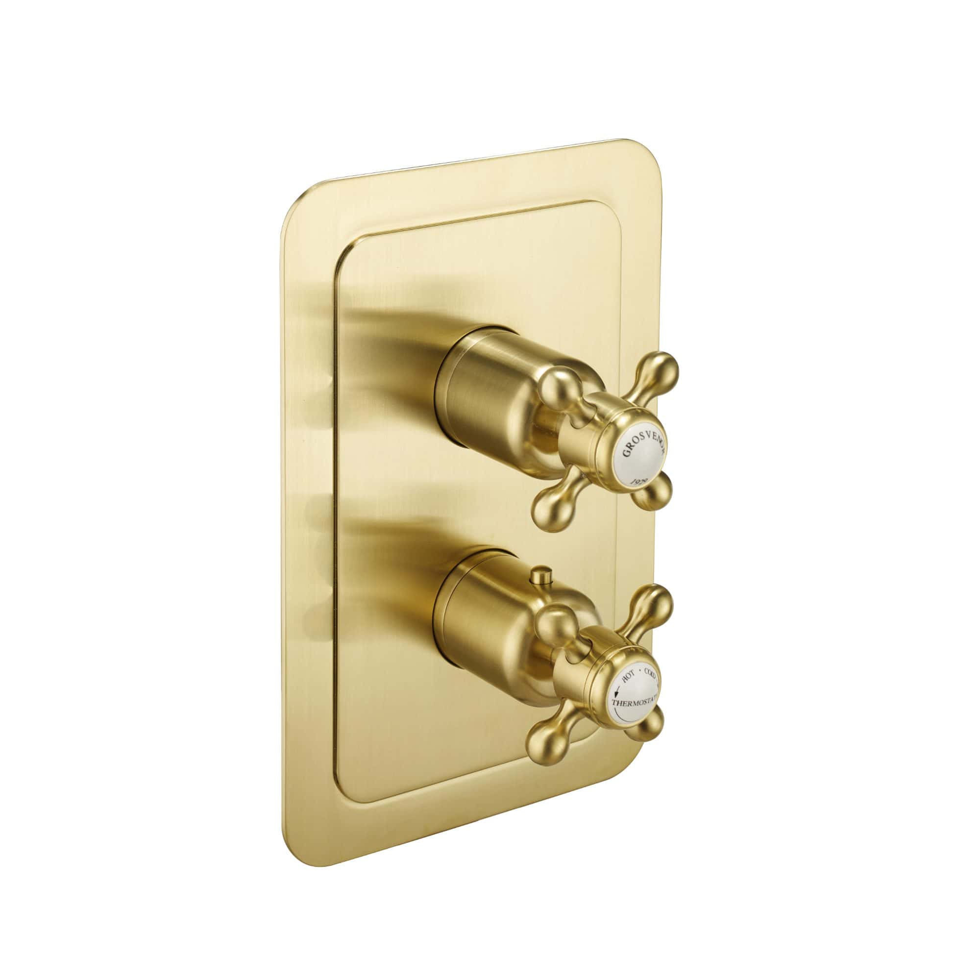 Elegant gold thermostatic shower valve with dual controls for precise temperature and flow management, ideal for luxury bathroom upgrades.