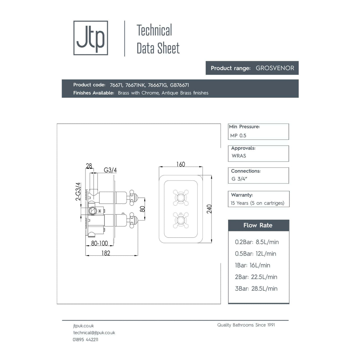 GROSVENOR bathroom tap technical drawing with detailed dimensions and specifications for plumbing installation.