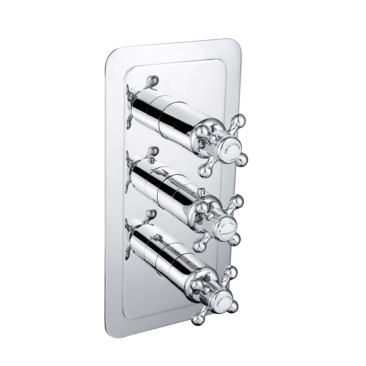 Polished chrome bath shower valve with three cross handles for temperature and flow control, mounted on a wall, modern bathroom accessories by Bubly Bathrooms.