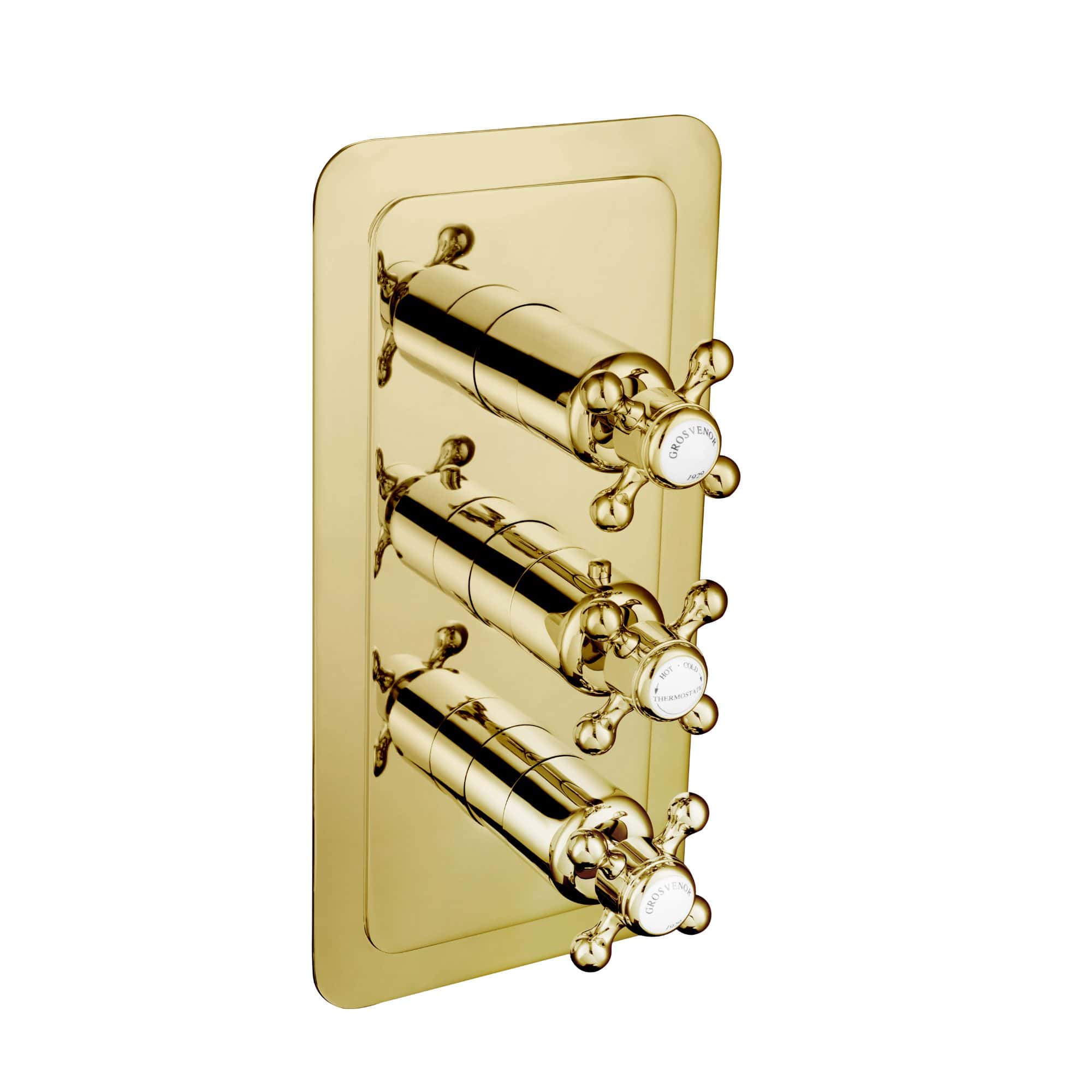 Shiny gold dual control wall-mounted shower valve with three knobs for precise temperature and flow control, designed for luxury bathroom upgrades.