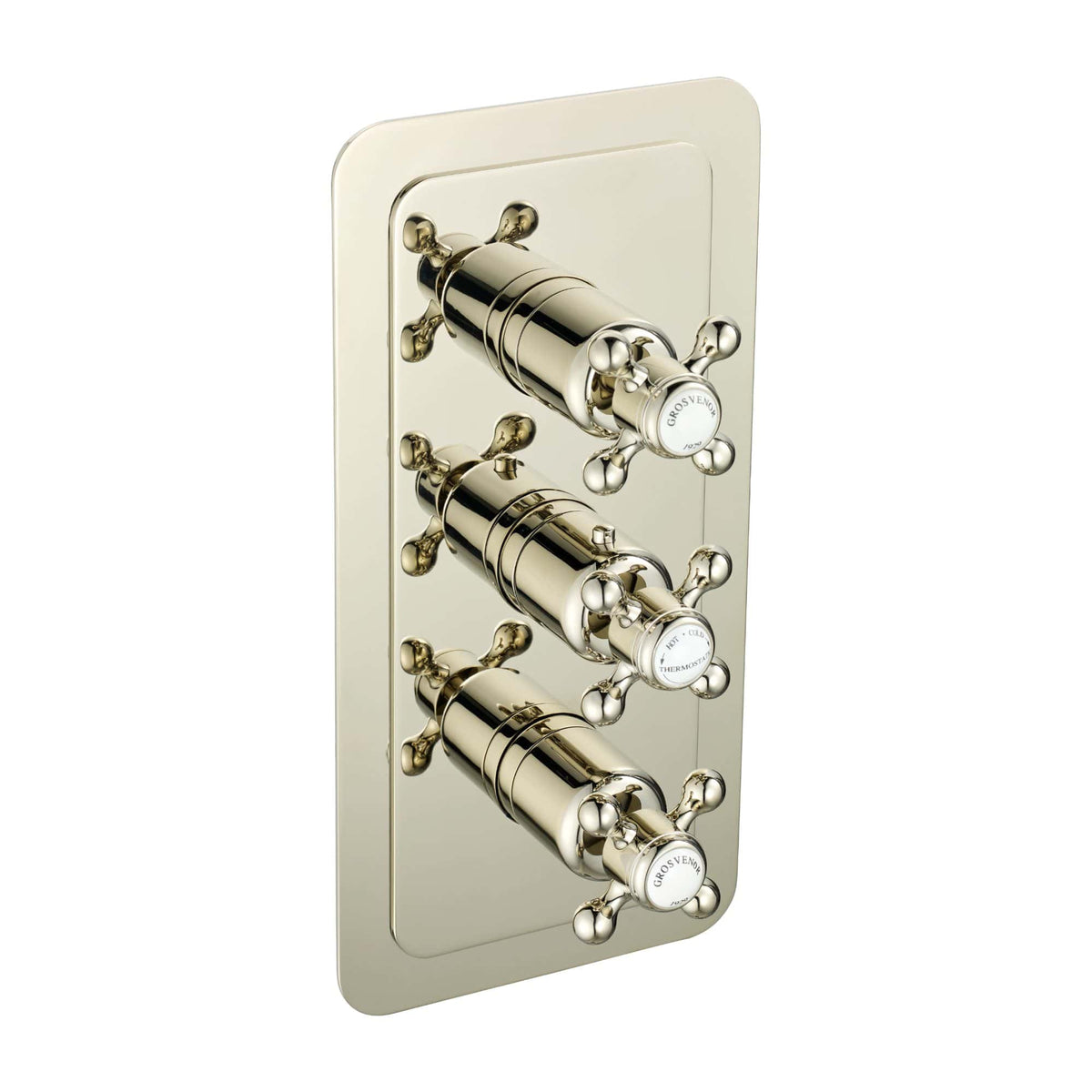 Luxurious vintage brass bathroom radiator valve set with cross handles, ideal for classic and elegant bathroom designs. High-quality finish, durable construction, and easy control of water temperature.