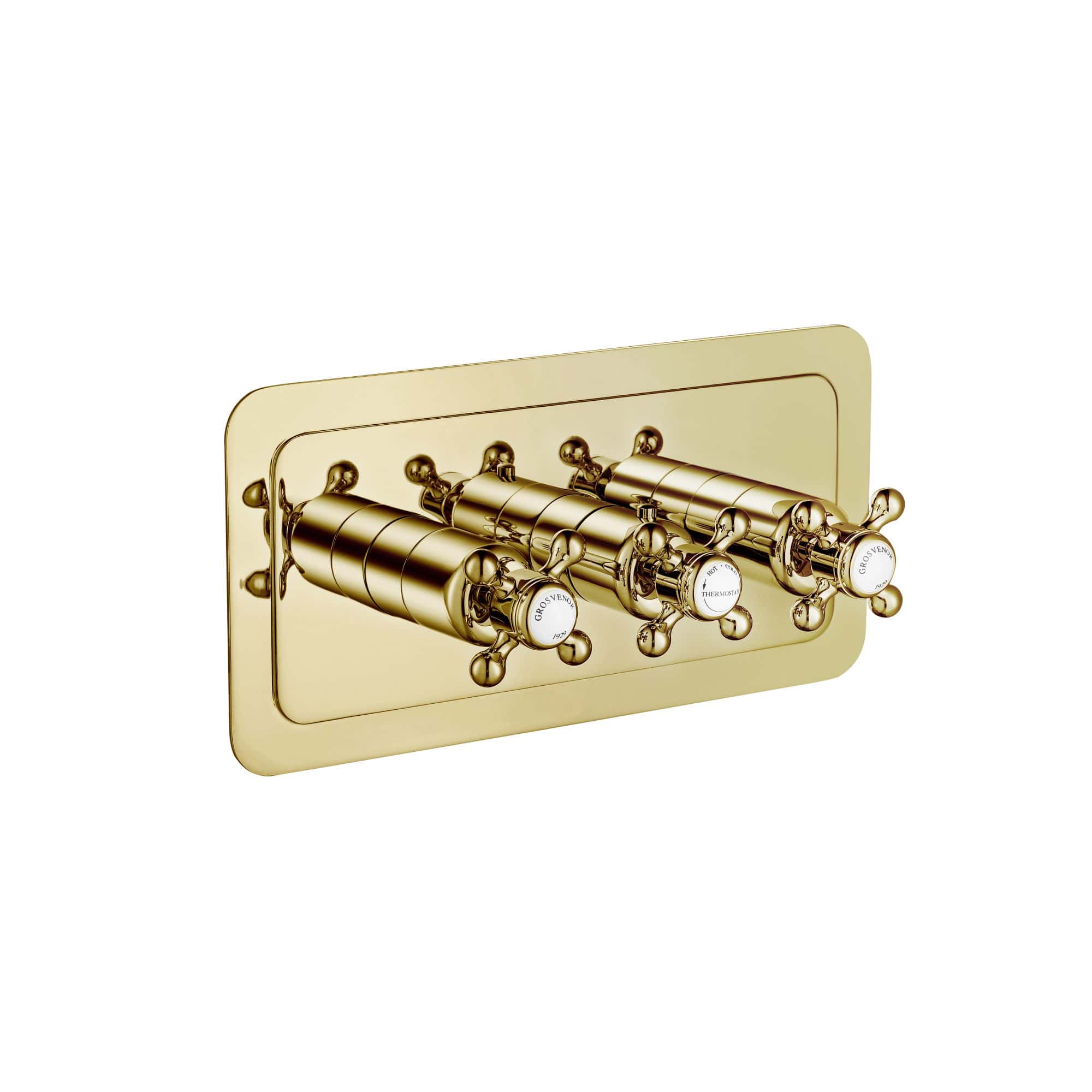 Polished gold vintage-style thermostatic radiator valves with ornate handles, designed for luxurious bathroom heating setups.