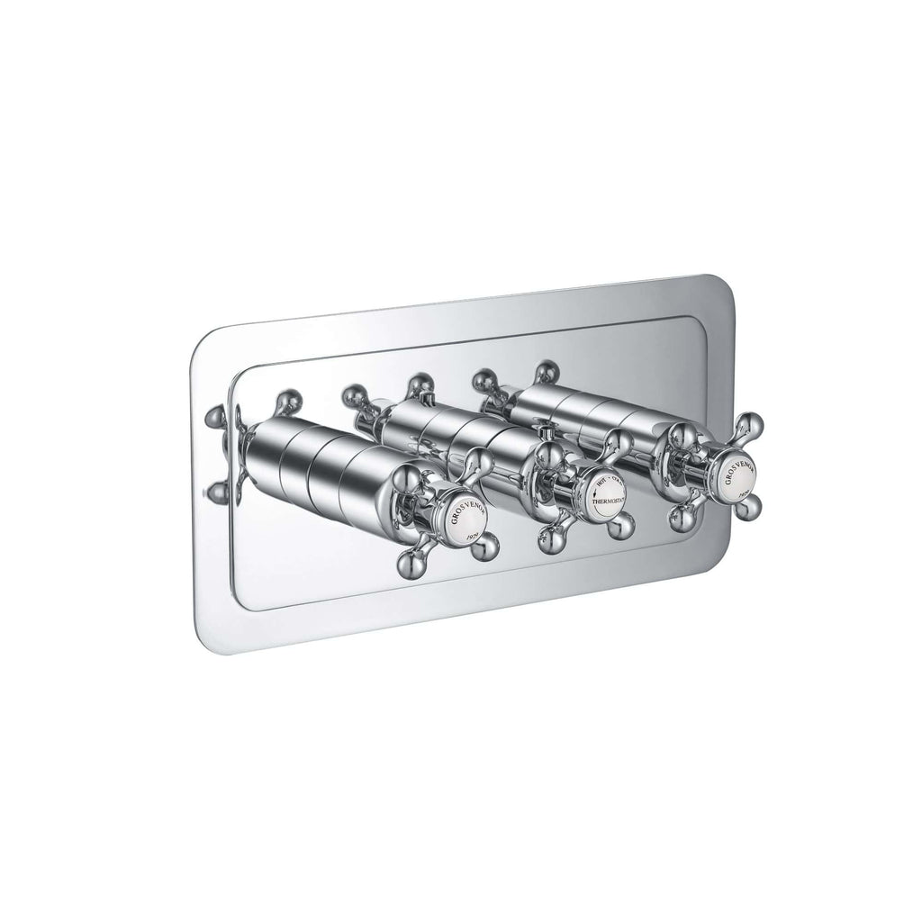 Polished chrome radiator valve trim with three control knobs, designed for luxurious and modern bathroom heating solutions. Perfect for enhancing bathroom style and functionality.