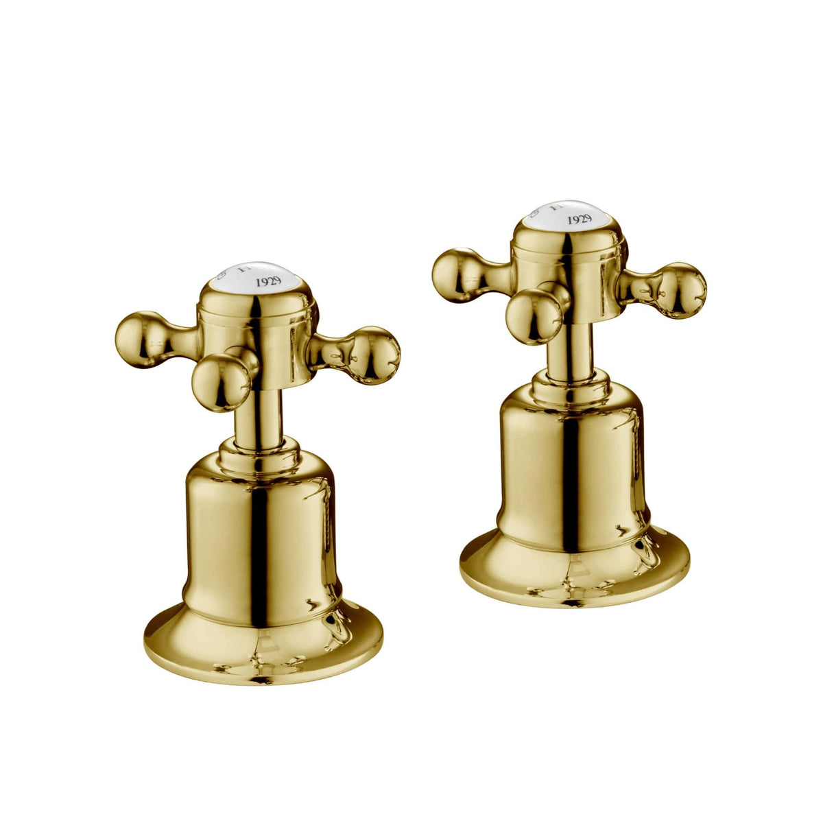 Polished gold vintage bathroom tap handles, decorative cross design, elegant fixtures for traditional bathroom decor.