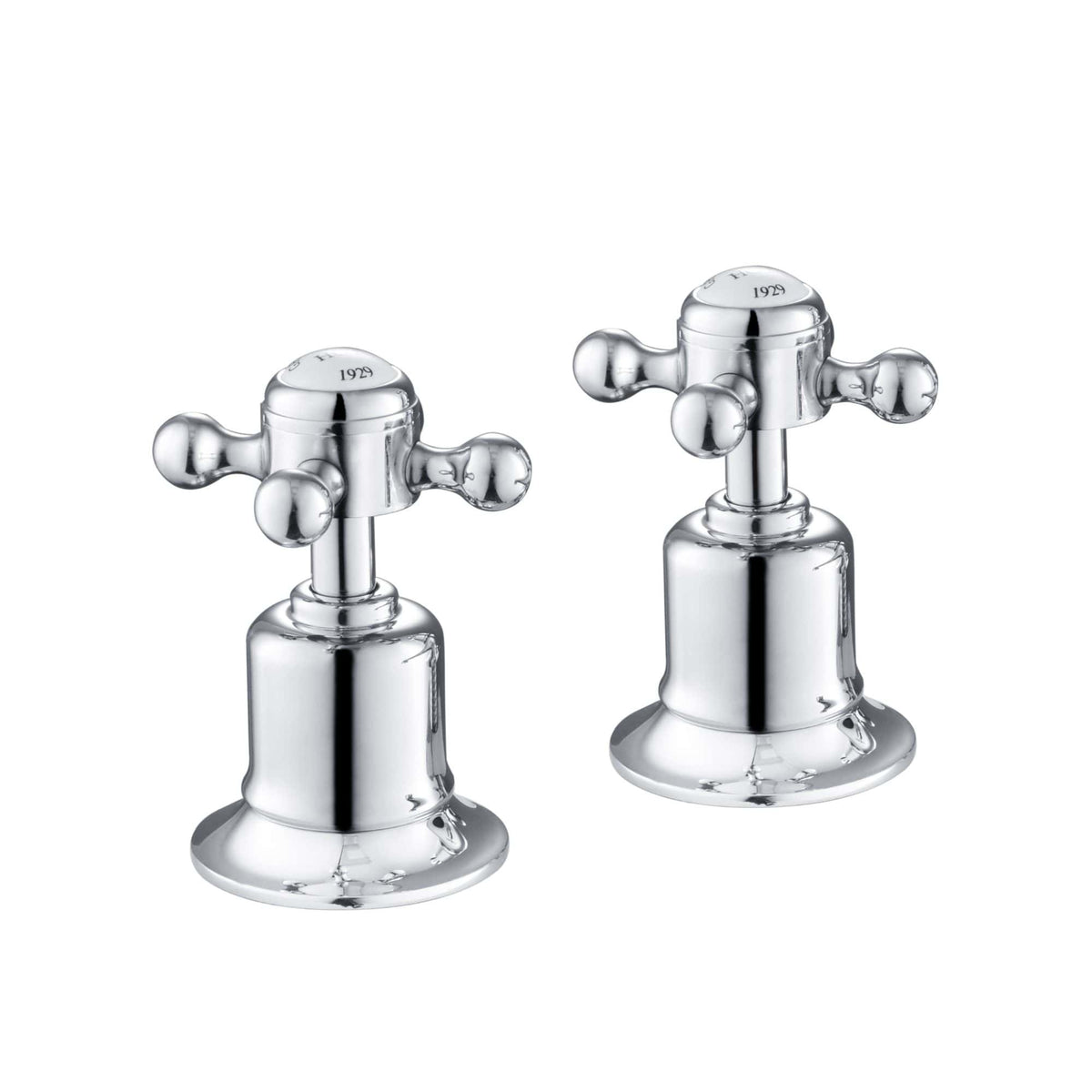 Shiny chrome bathroom tap handles with cross-shaped levers, vintage design, ideal for classic bathroom fixtures, demonstrating high-quality craftsmanship, model year engraved on top.