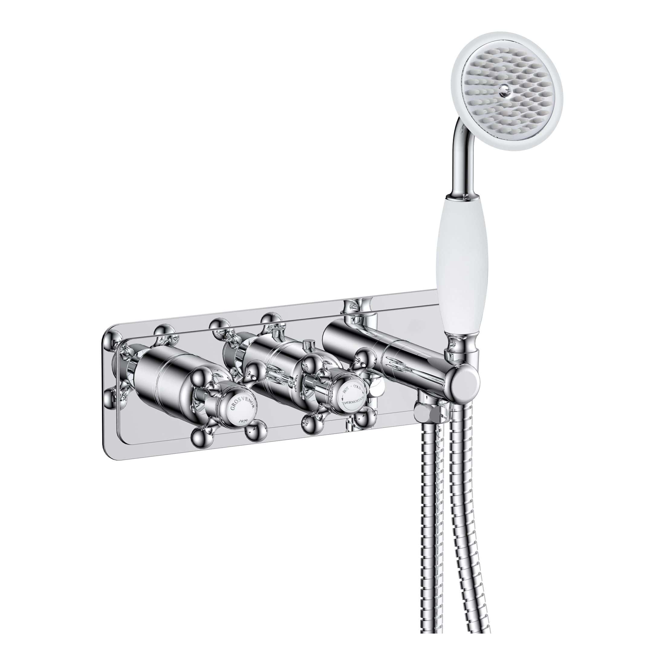 Polished chrome vintage style bath shower mixer with handheld shower head, cross handle controls, ideal for traditional bathroom decor.