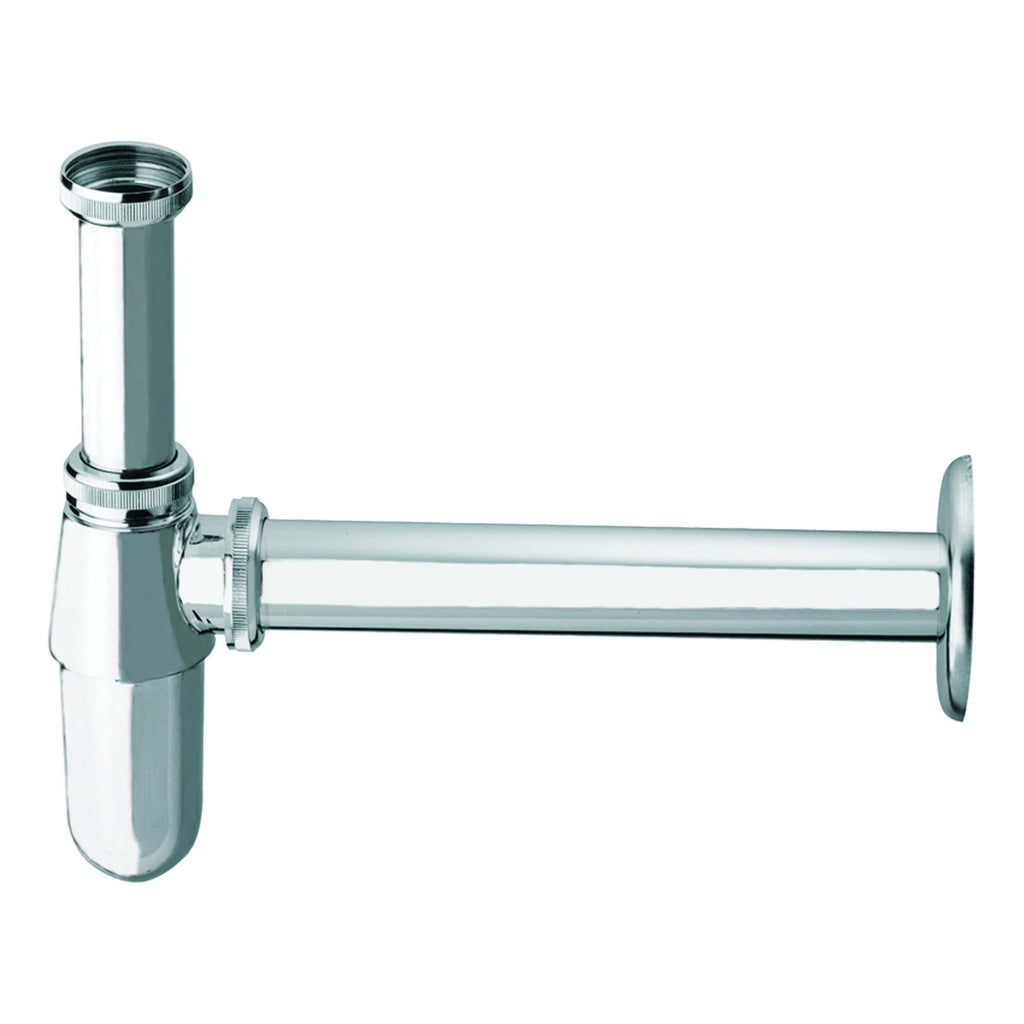 Polished chrome bathroom drain pipe and trap assembly suitable for modern bathroom installations. Durable and easy to install, ideal for sink or washbasin plumbing repairs.