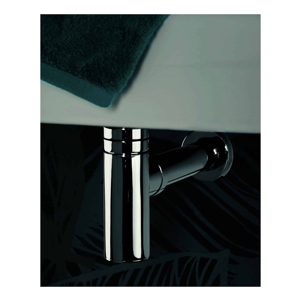 Sleek chrome bathroom furniture leg with black pipe under a white bathroom vanity, modern and stylish design, high-quality materials, ideal for contemporary bathroom interiors.