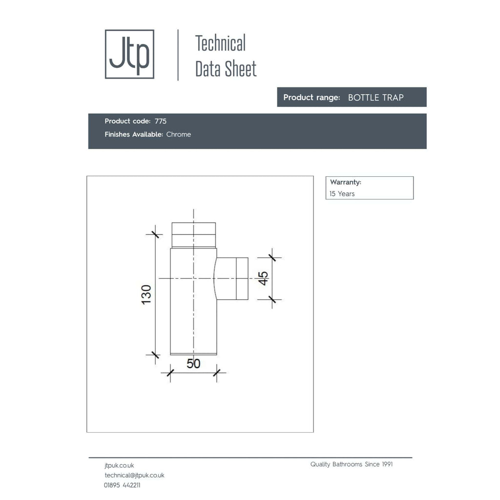High-quality technical drawing of a chrome bottle trap for bathrooms, showcasing dimensions and engineering specifications for plumbing installation.