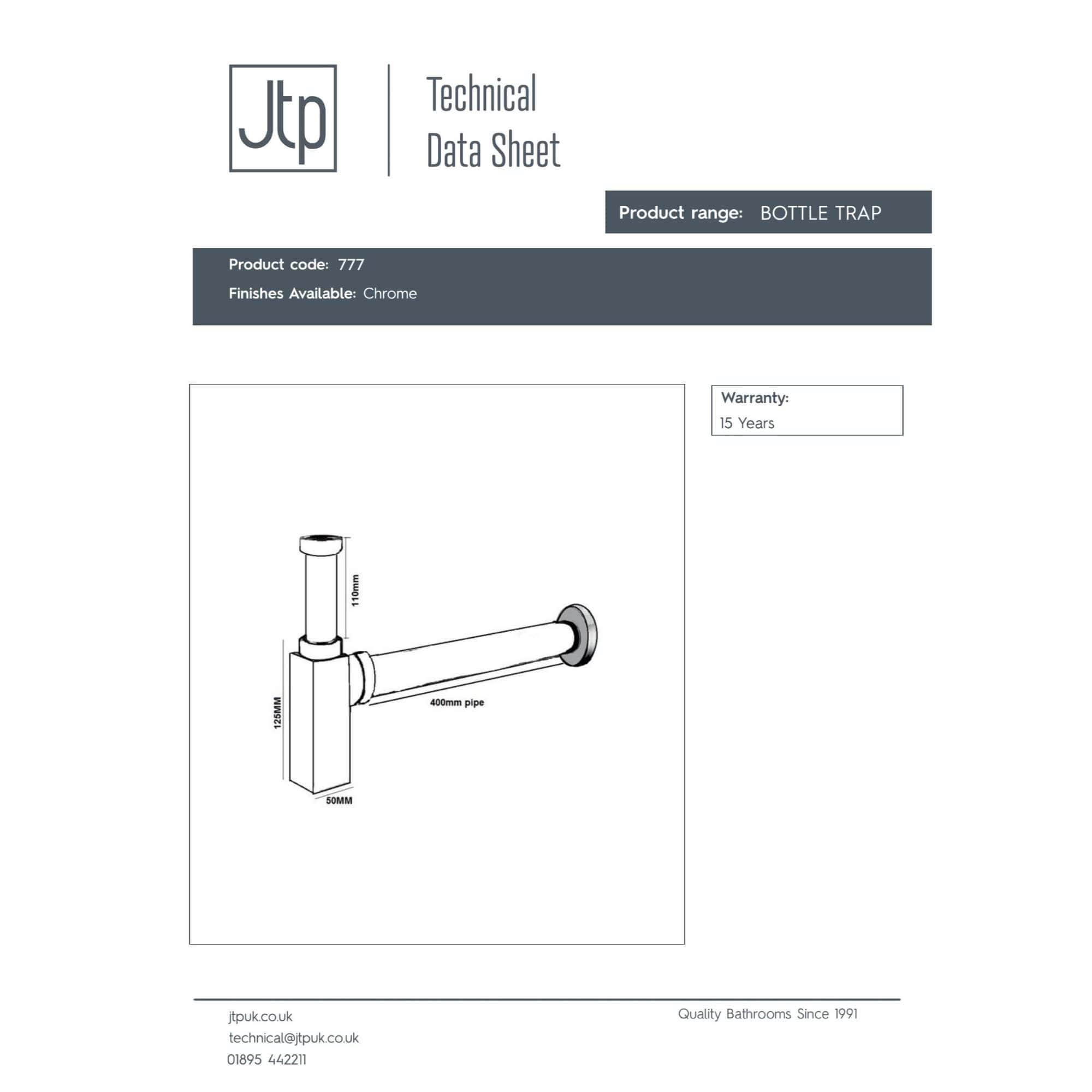 Chrome bottle trap for bathrooms, durable plumbing fitting with 15-year warranty, ideal for sink drainage. Perfect for modern and traditional bathroom setups, ensuring a reliable seal and efficient water flow.