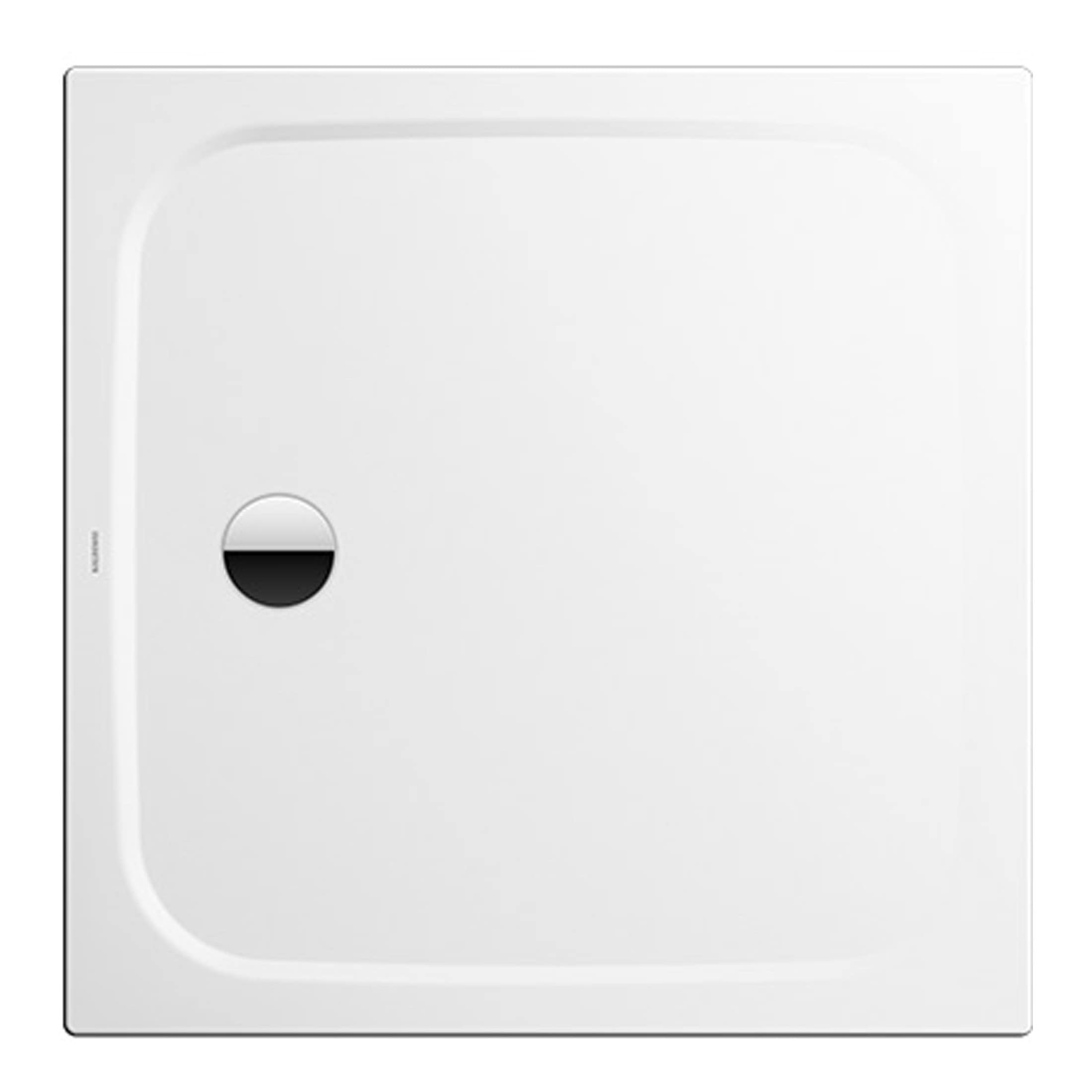 Modern white bathroom shower tray with black and white drain cover, minimalist design, ideal for contemporary bathroom renovations and stylish shower areas.