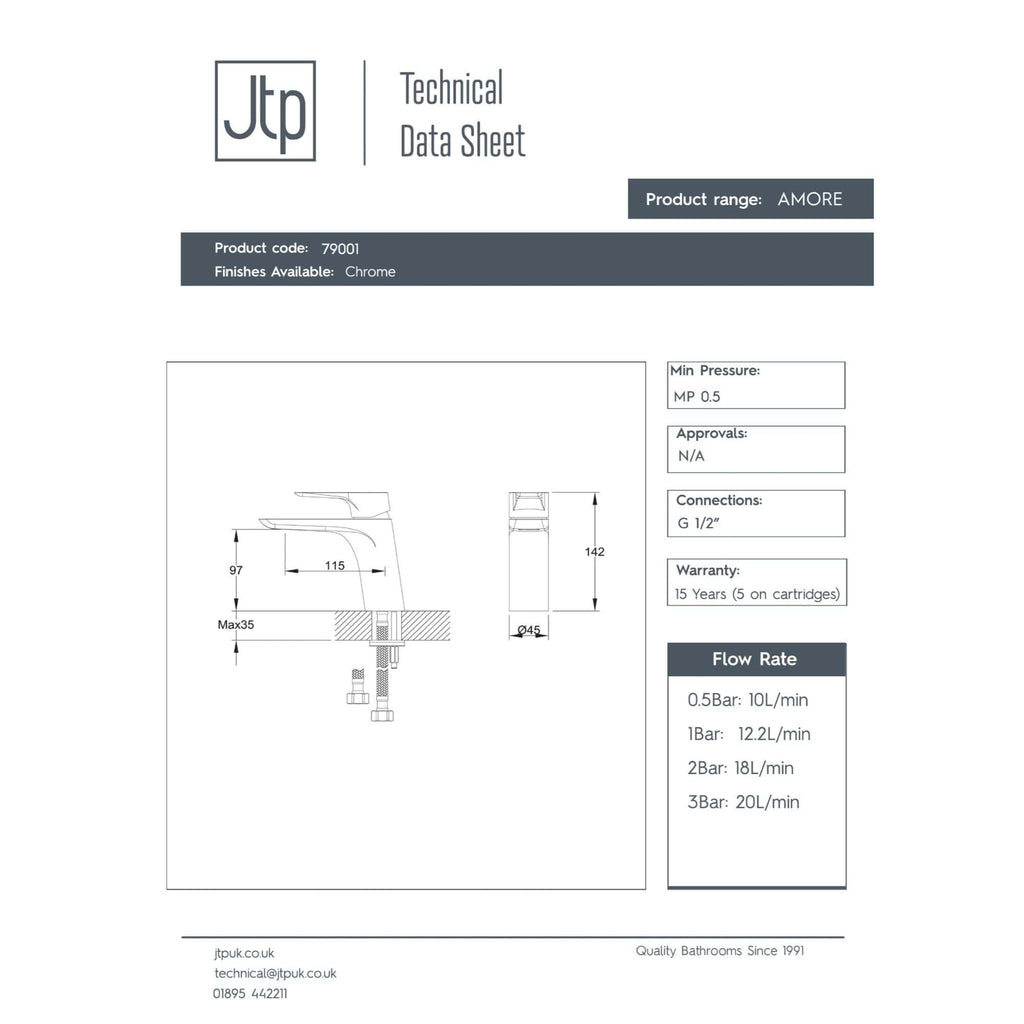 Chrome bathroom tap with modern design, technical drawing showcasing dimensions, flow rates, and connection details for high-quality bathroom fixtures. Perfect for bathroom renovation projects.