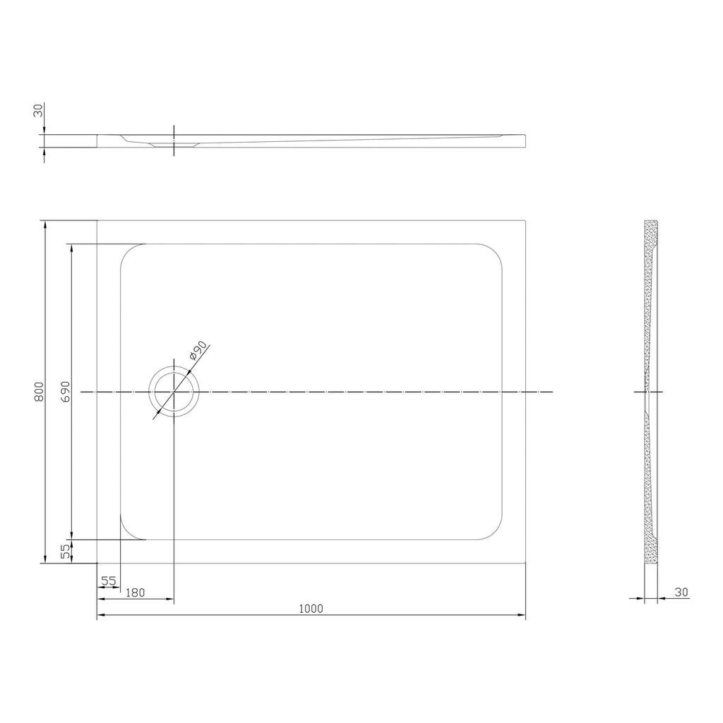 Precision technical drawing of a modern shower tray, featuring detailed measurements and specifications for bathroom renovation projects. Ideal for bathroom design and plumbing installation.