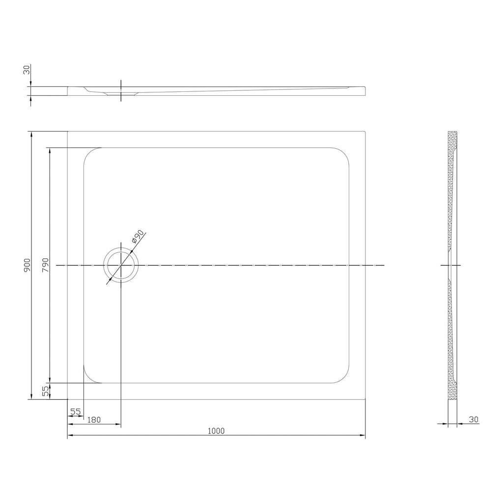 Elegant square shower tray with a minimalist design, featuring a sleek edge detail and efficient drainage system, perfect for modern bathroom renovations by Bubly Bathrooms.